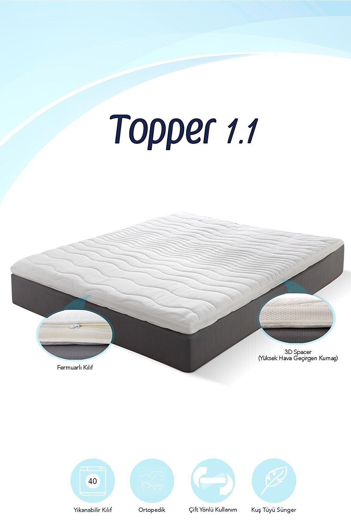 Topper 1.1 - Konfor Arttırıcı Yatak Pedi - Kuş Tüyü Soft Sünger - Yıkanabilir Kılıflı