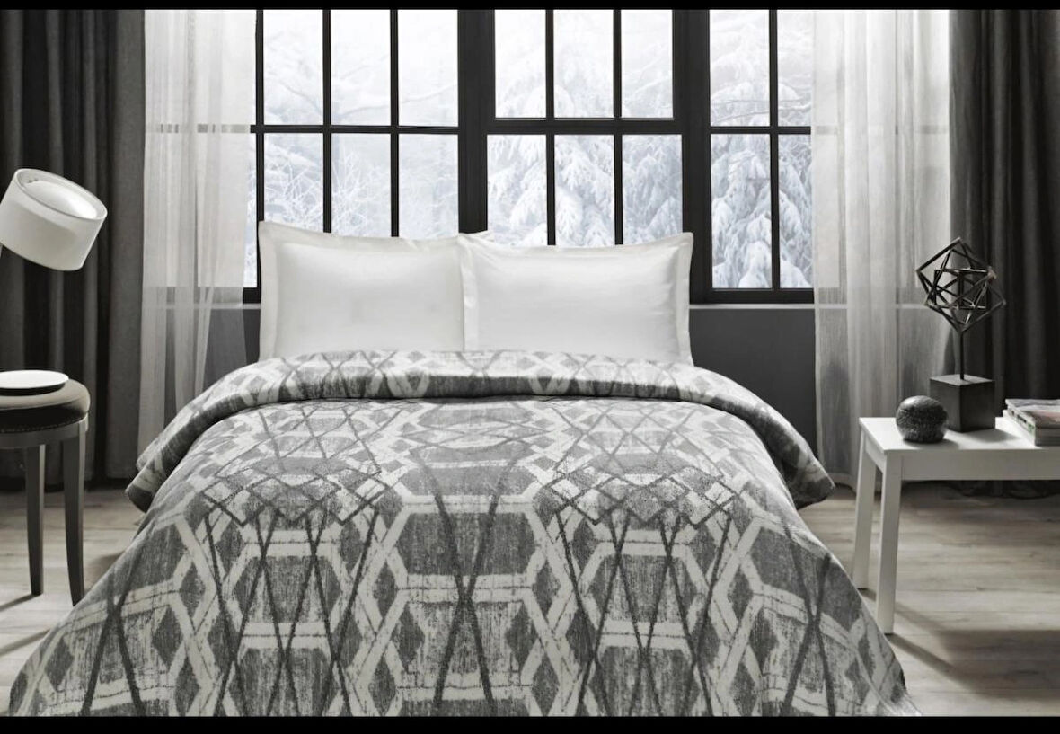 Taç Çift Kişilik Pamuklu Battaniye Elina Gri