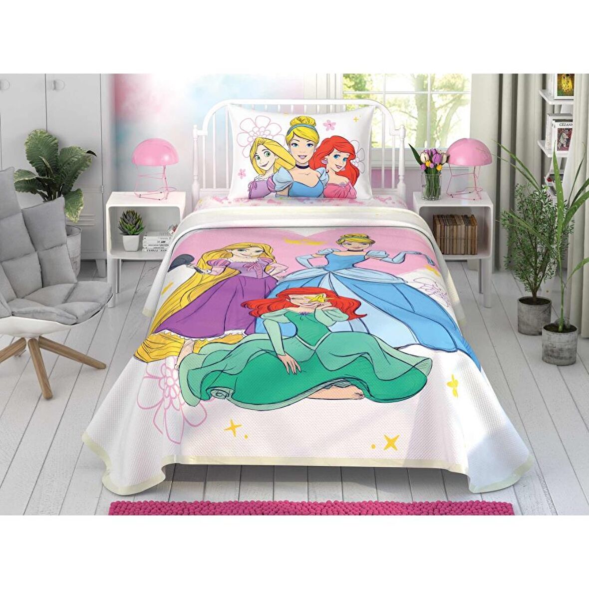 Taç Lisanslı Disney Princess % 100 Pamuk Tek Kişilik Pike Takımı 100x200 cm Çarşaflı