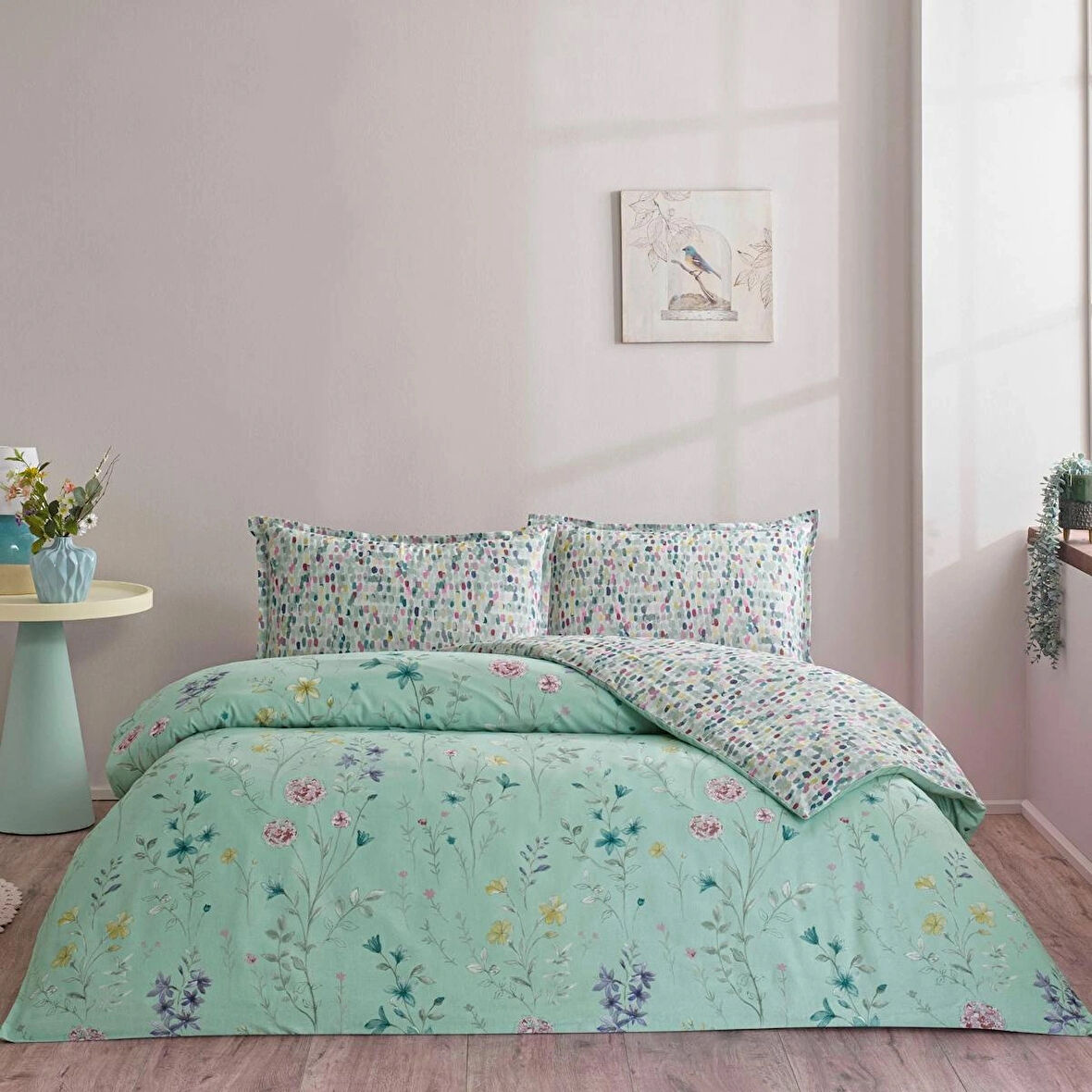 TAÇ SEÇ&SER ÇİFT TARAFI DESENLİ ÇİFT KİŞİLİK NEVRESİM TAKIMI PEPPLE MİNT