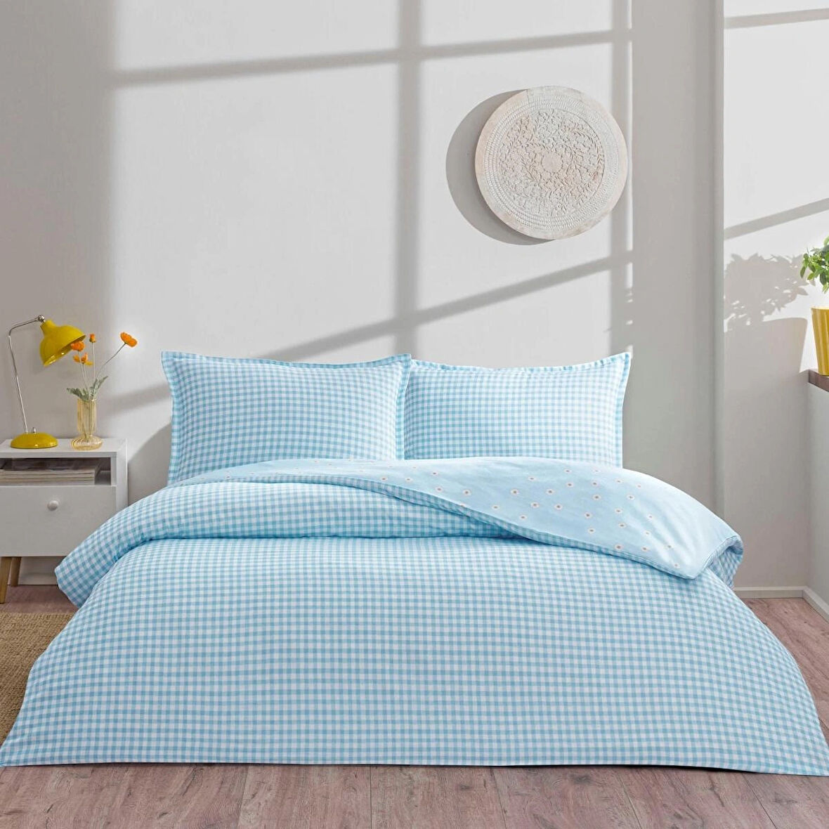 TAÇ SEÇ&SER ÇİFT TARAFI DESENLİ ÇİFT KİŞİLİK NEVRESİM TAKIMI DORİAN MAVİ