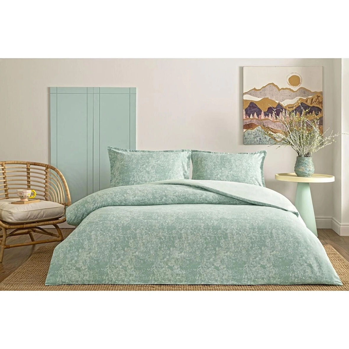 TAÇ SEÇ&SER ÇİFT TARAFI DESENLİ ÇİFT KİŞİLİK NEVRESİM TAKIMI SHİMMER YEŞİL