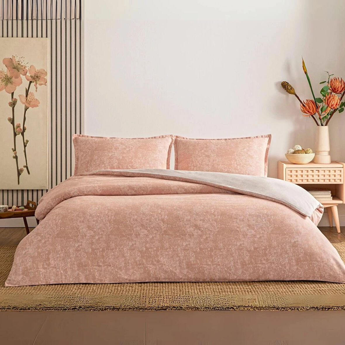 TAÇ SEÇ&SER ÇİFT TARAFI DESENLİ ÇİFT KİŞİLİK NEVRESİM TAKIMI SHİMMER ROSE