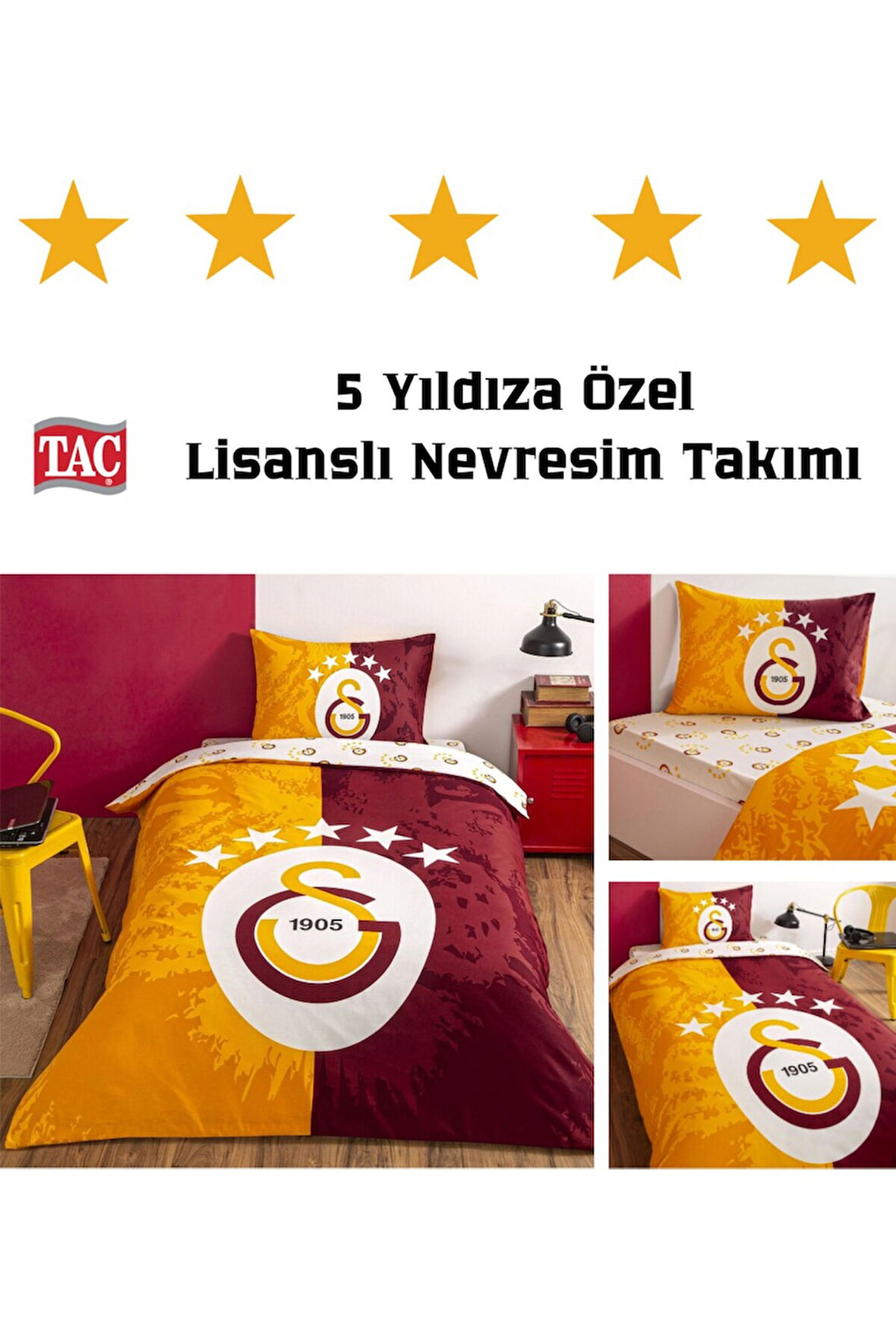 Lisanslı %100 Pamuk Çarşafı Lastikli Tek Kişilik Nevresim Takımı Galatasaray 5. Yıldız