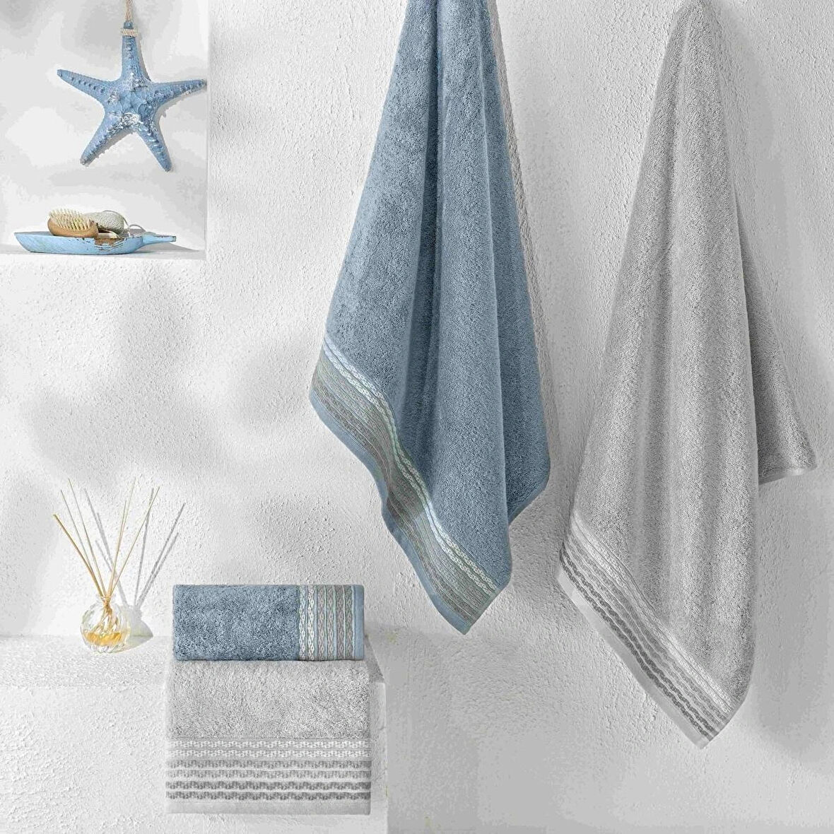 TAÇ YENİ SEZON PURE COTTON PAMUK HAMAM SETİ ART ( GRİ-MAVİ)
