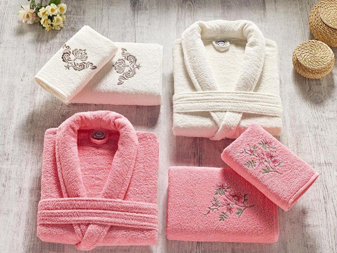 Ardora Bukle Aile Bornoz Takımı Nar Çiçeği Krem