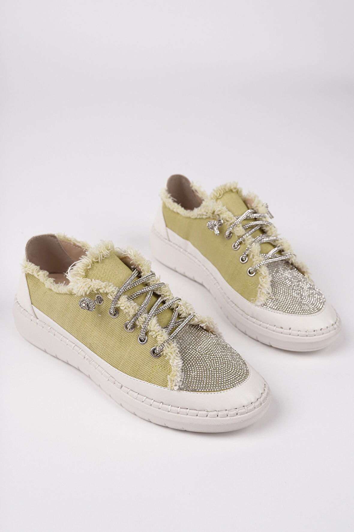 Muggo DAMSEL Bağcıklı Taşlı Kadın Günlük Denim Sneaker Spor Ayakkabı