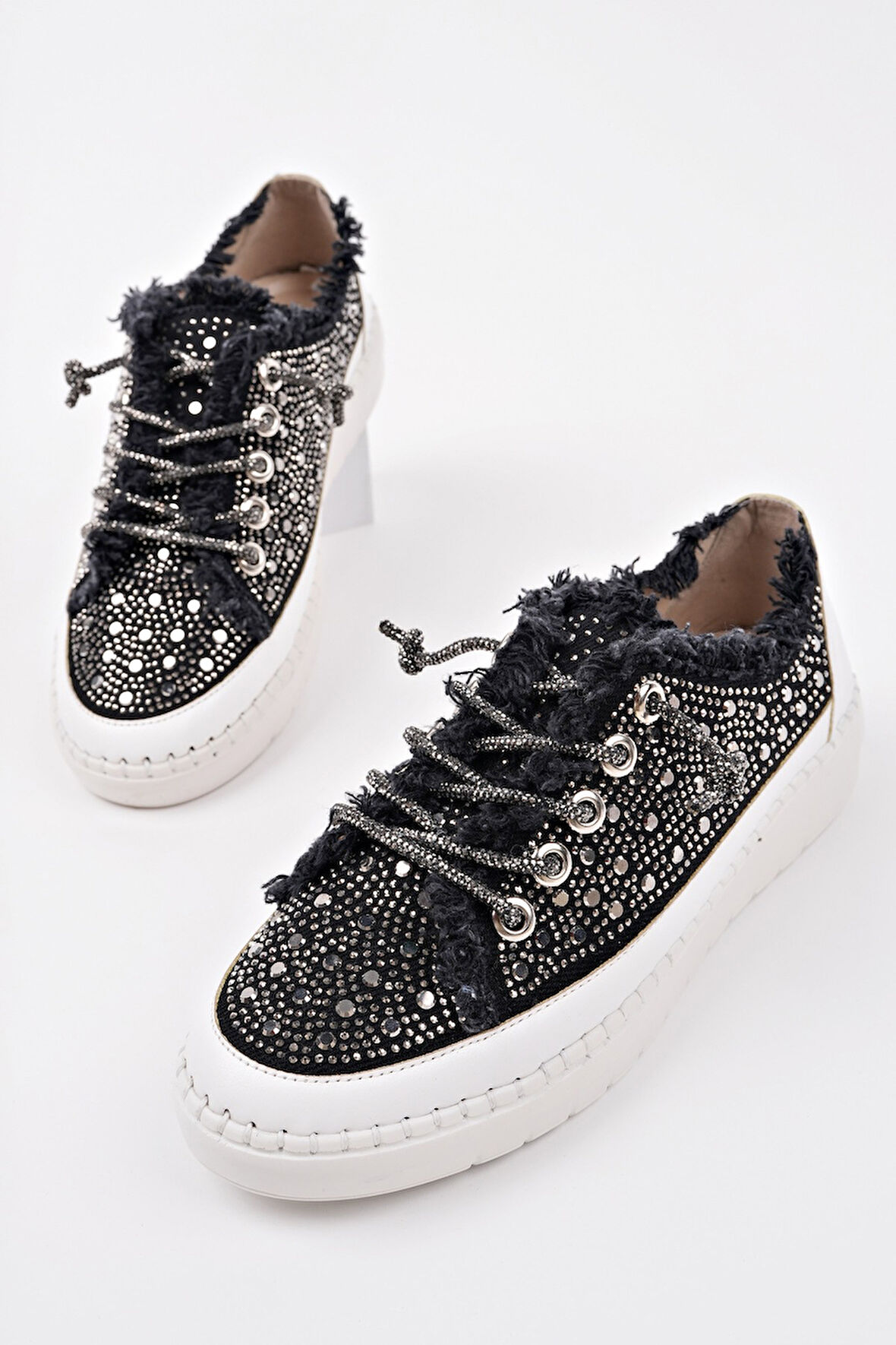 Muggo VİENNA Bağcıklı Taşlı Kadın Günlük Denim Sneaker Spor Ayakkabı