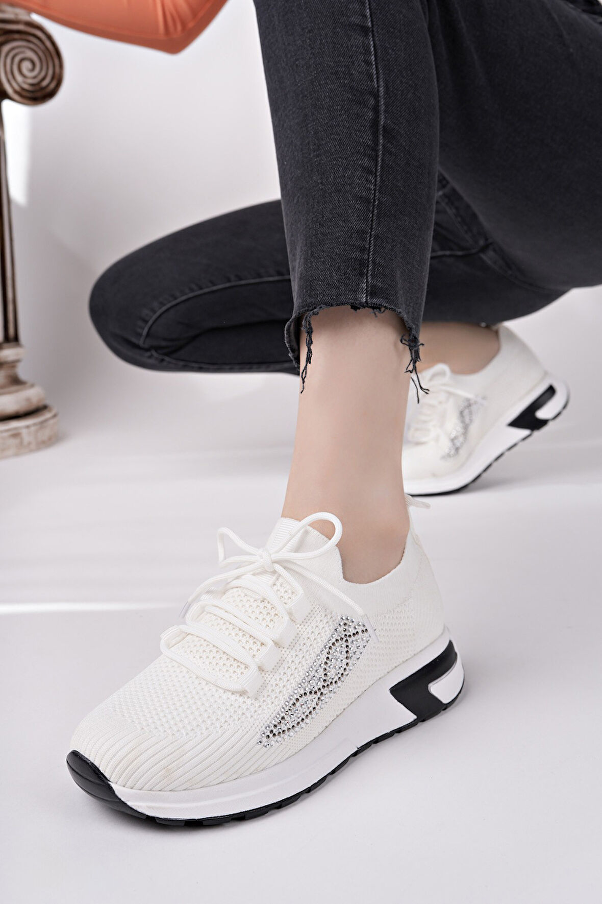Muggo MARTHA Kadın Kalın Taban Günlük Triko Taşlı Bağcıklı Sneaker Spor Ayakkabı
