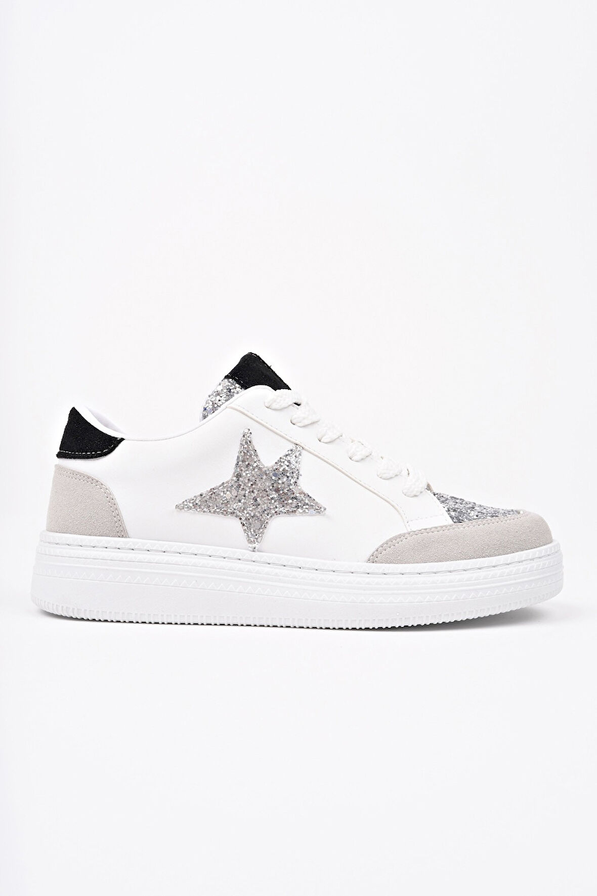 Muggo BONNİE Kadın Kalın Taban Taşlı Leopar Desenli Bağcıklı Günlük Sneaker Spor Ayakkabı