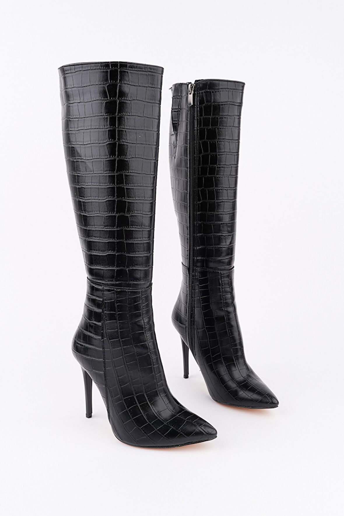 Muggo ZEST Kroko Desenli Sivri Burun Fermuarlı İnce Topuklu Kadın Çizme