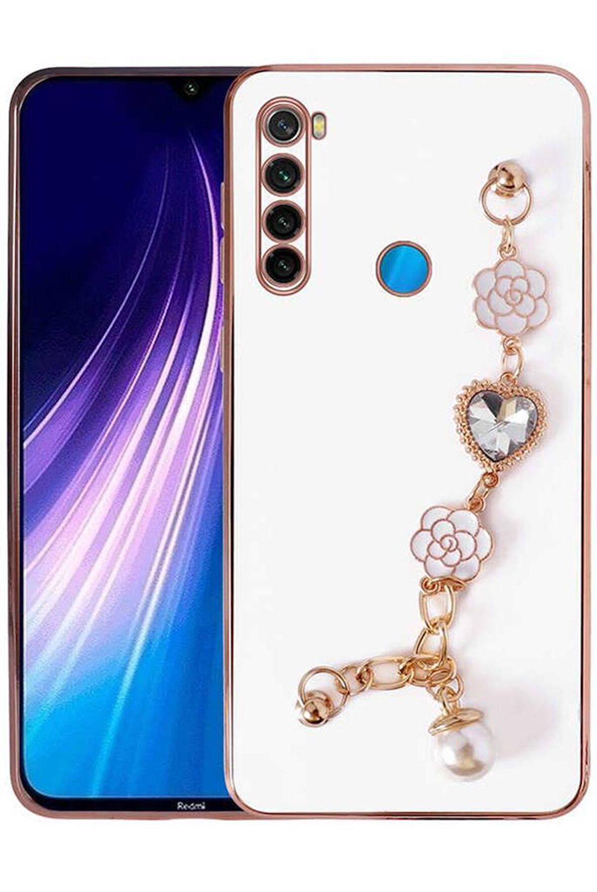 Xiaomi Redmi Note 8 Kılıf Kalpli Çiçekli Bileklik Zincirli Kamera Korumalı Kenarları Gold Renk. Silikon