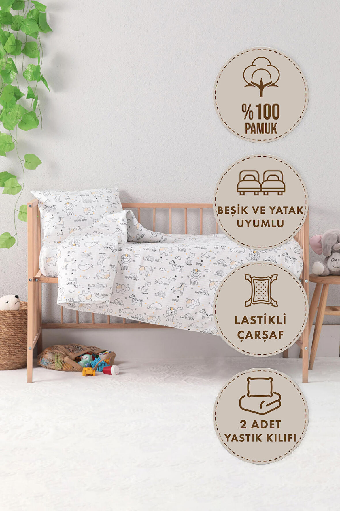 Baby %100 Pamuk Happy Bebek Nevresim Takımı - Beyaz