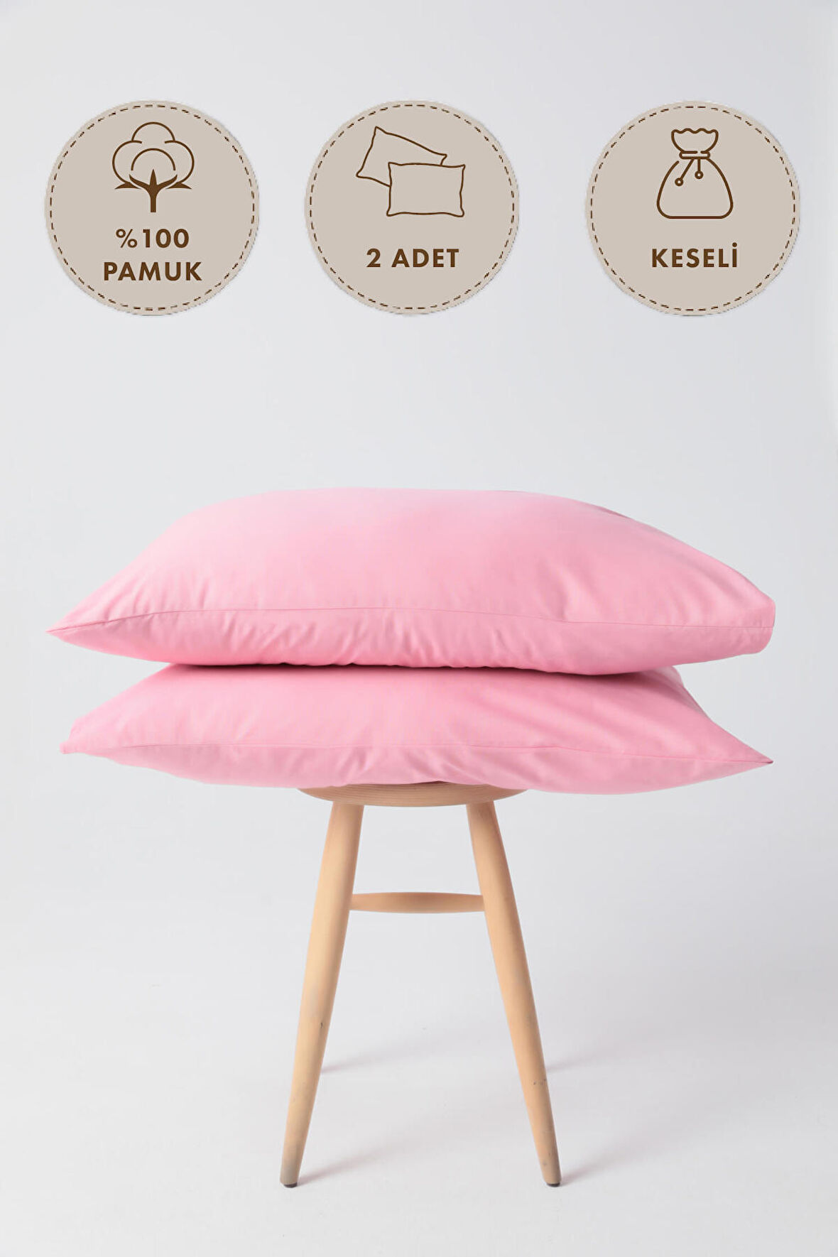 %100 Pamuk 2li Keseli Yastık Kılıfı 50x70 - Pembe