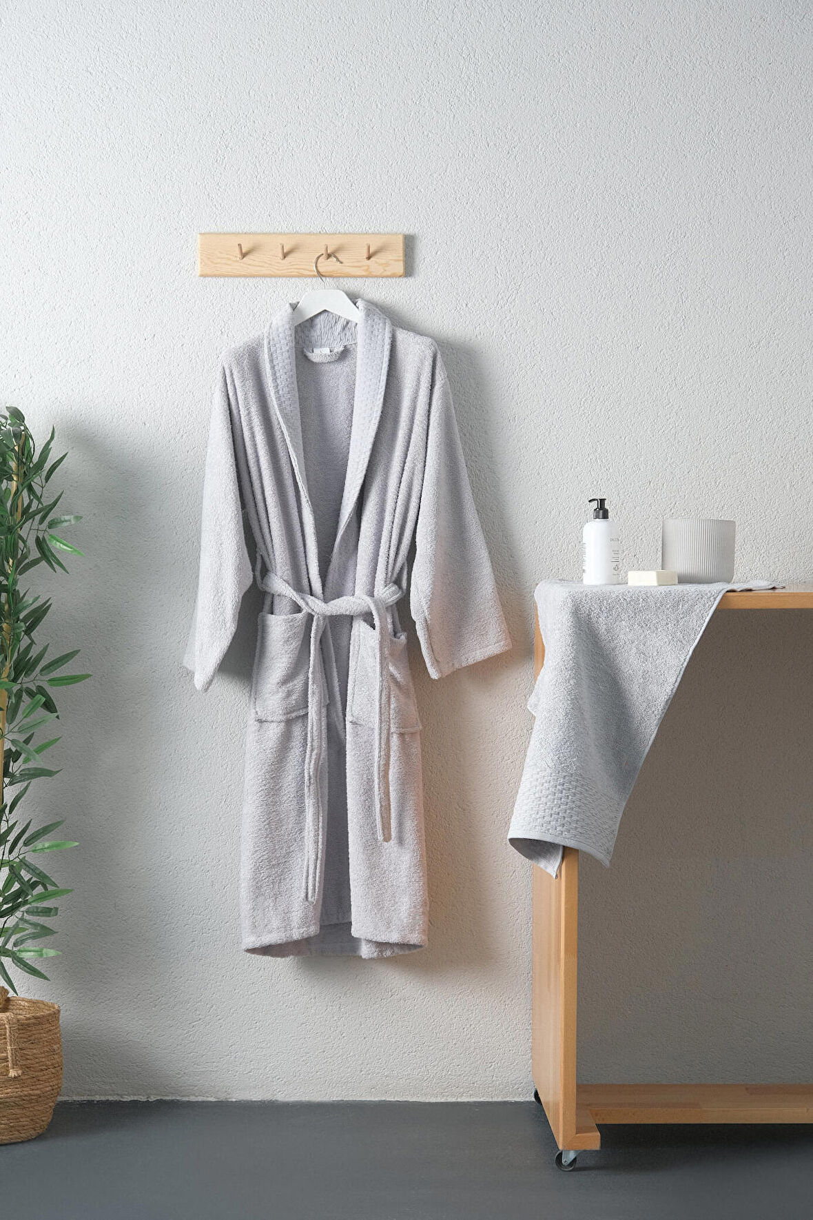 Tuwa Unisex Pamuklu XL Beden Tekli Bornoz Seti - Gri