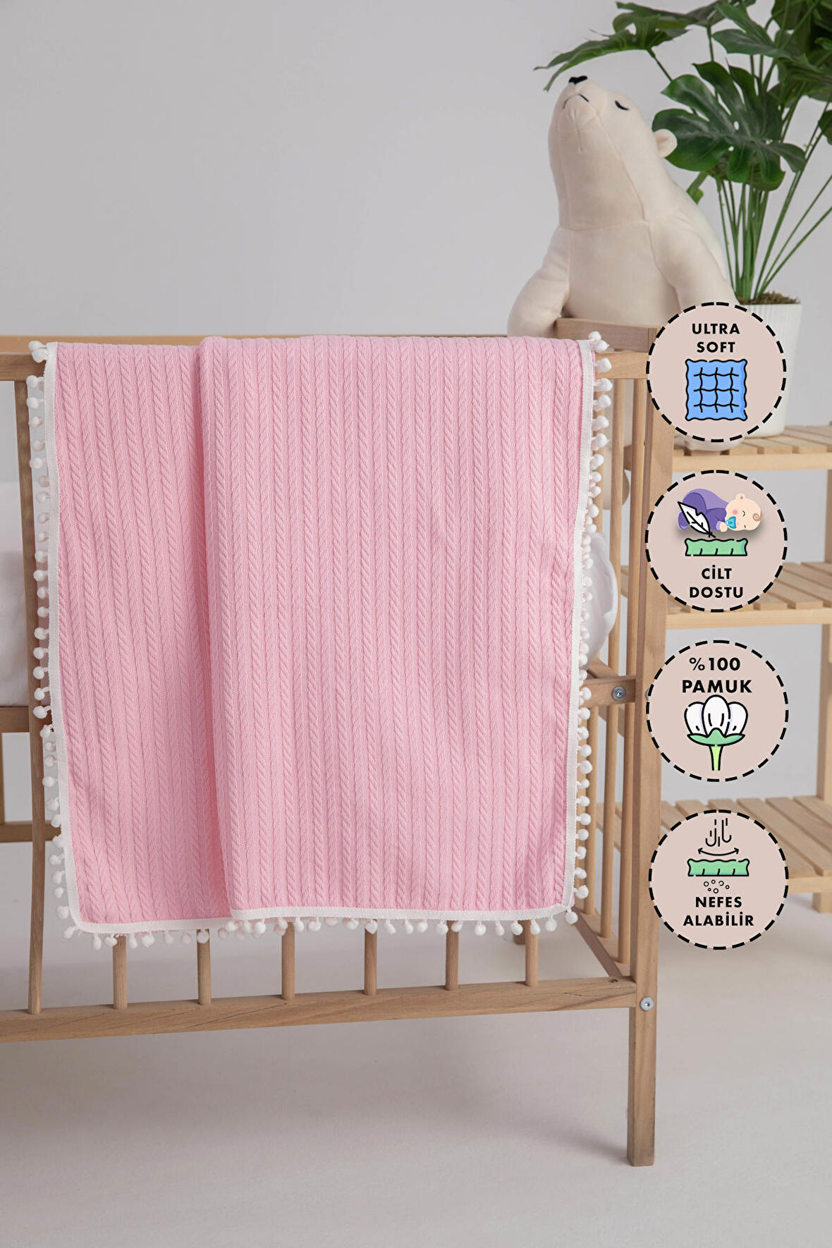 %100 Pamuk Cherry Bebek Battaniyesi Pamuklu Pike 100x120 - Pembe