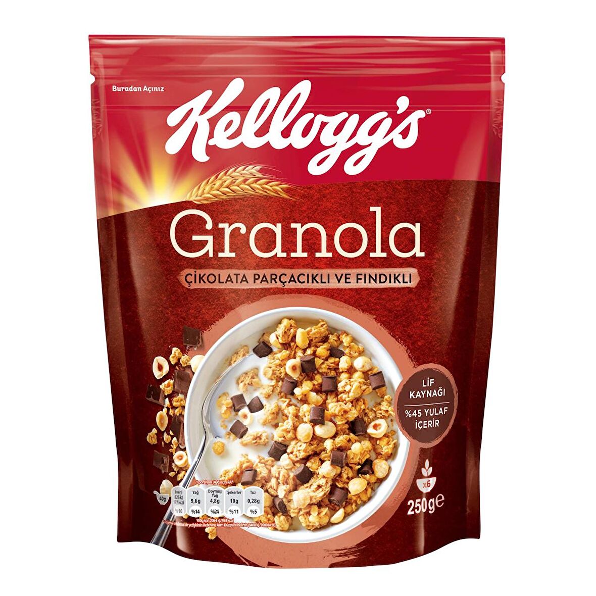 Kellogg's Çikolata Parçacıklı ve Fındıklı Granola 250 Gr,%44 Yulaf,Lif Kaynağı,Kahvaltılık Gevrek