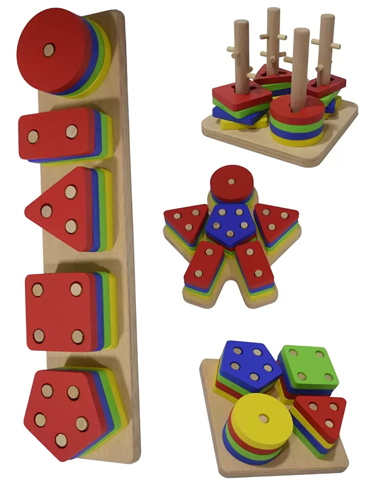 Eğitici Ahşap Şekilli Montessori Geçmeli Bul tak (4LÜ SET) Oyun Kokusuz, Sağlıklı, Boyası Çıkmaz