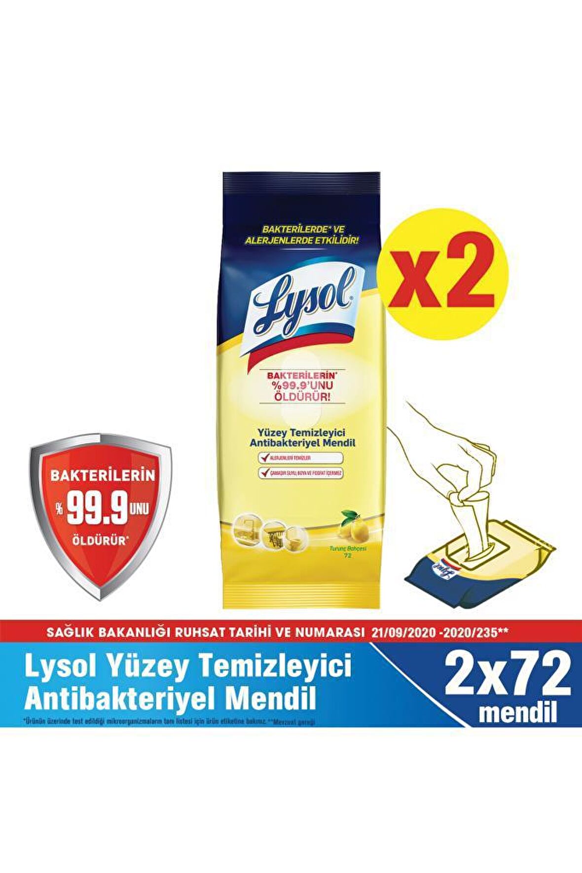 Lysol Yüzey Temizleyici Antibakteriyel Islak Mendil 2x72’li 144 Yaprak