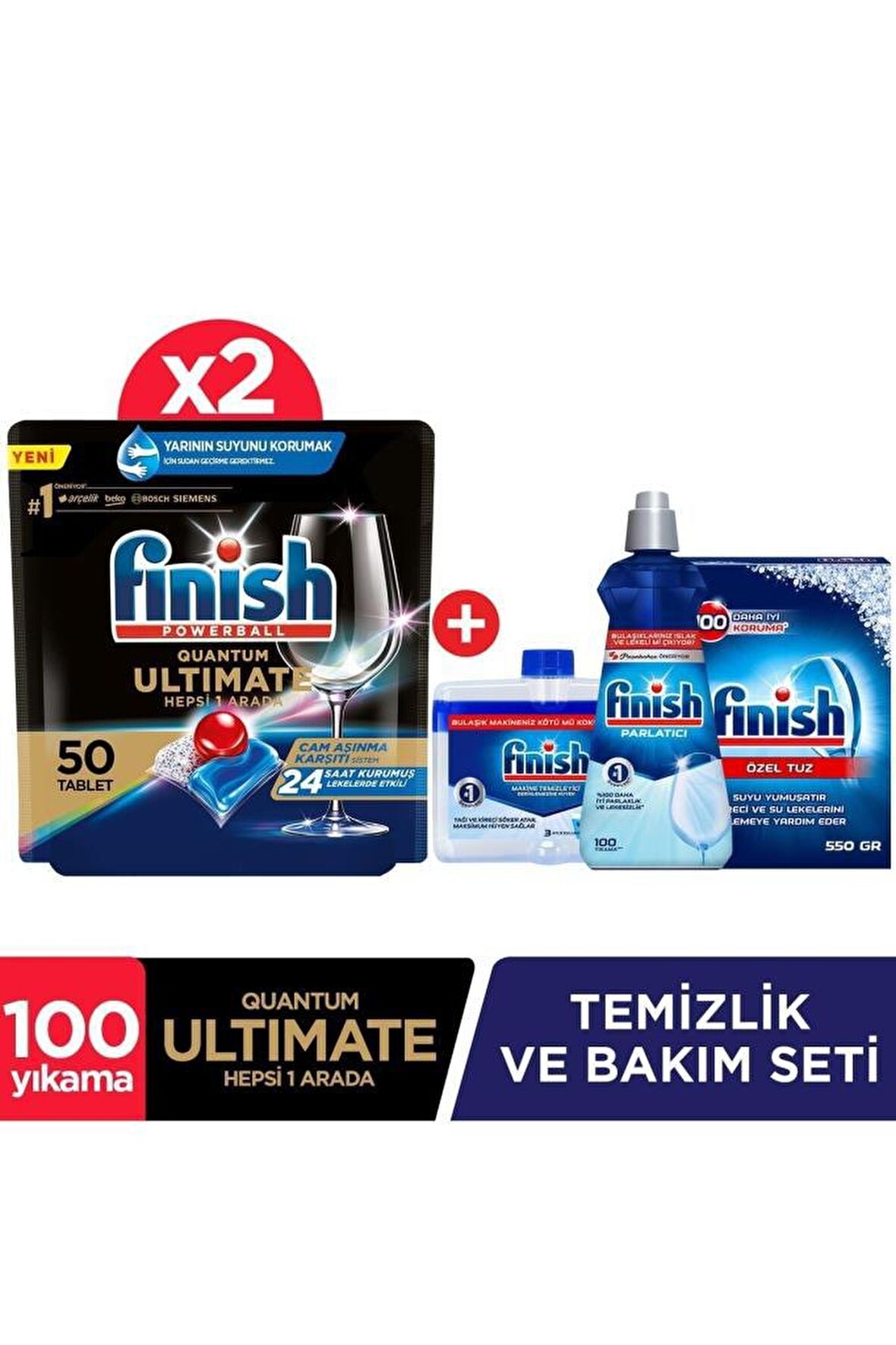 Finish Quantum 100 Yıkama Tablet Bulaşık Makinesi Deterjanı 2x50 Adet & Temizlik Bakım Seti