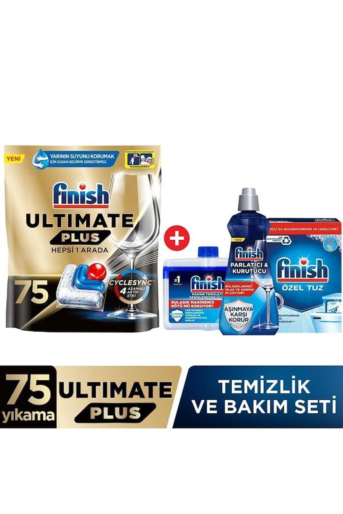 Finish Ultimate Plus Bulaşık Makinesi Tableti 75'li + Temizlik ve Bakım Seti 