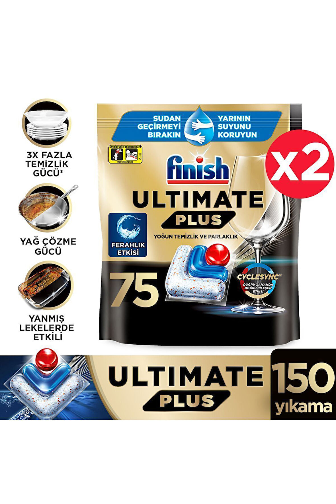 Ultimate Plus Hepsi Bir Arada Bulaşık Makinesi Deterjanı Kapsül Tablet 150 Adet (75 x 2'li)