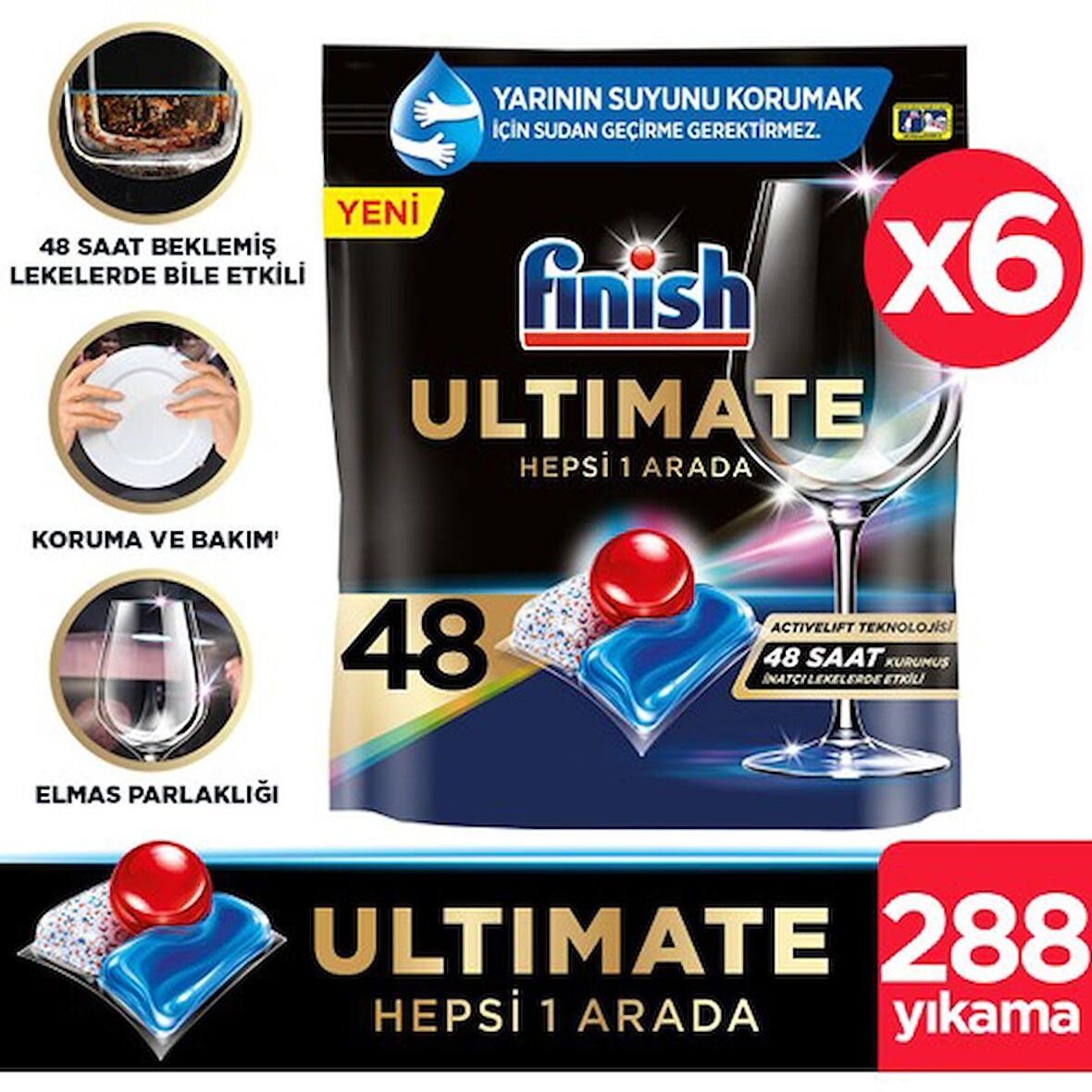 Finish Ultimate 288 Kapsül Bulaşık Makinesi Deterjanı Tableti (6 x 48 Kapsül)