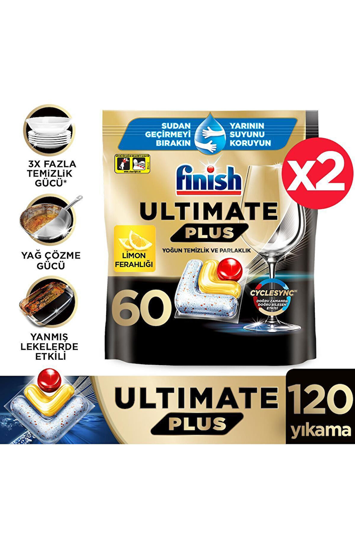 Ultimate Plus Hepsi Bir Arada Bulaşık Makinesi Deterjanı  Kapsül Tablet Limon 120 Adet (60 x 2'li)