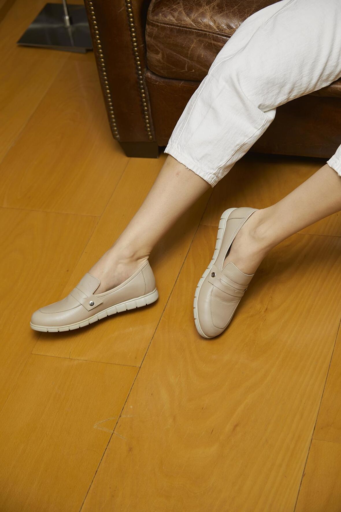 Hakiki Deri Kadın Loafer Çıtçıtlı Günlük Rahat Ayakkabı