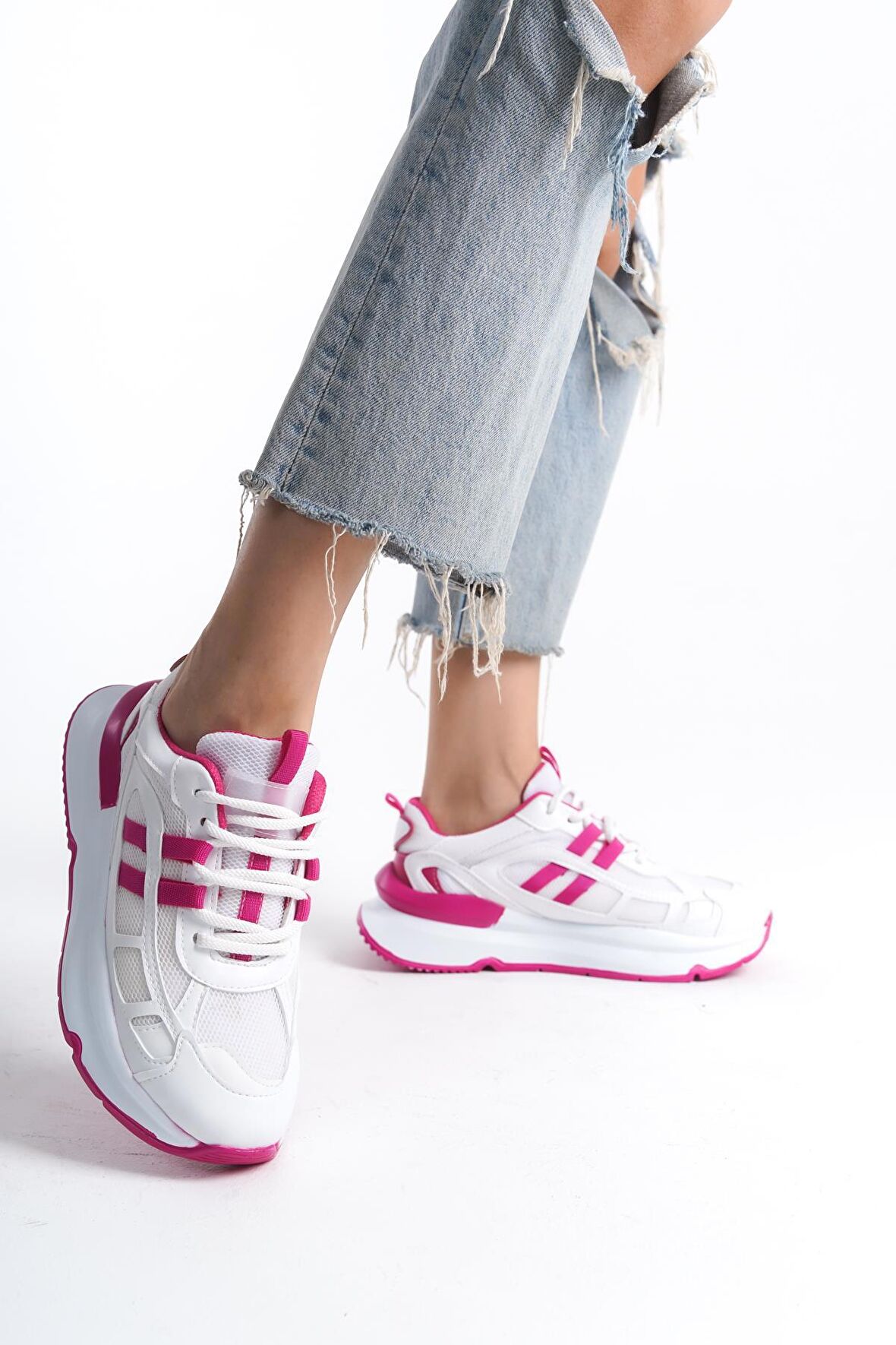 Kadın Çift Renkli Kalın Taban Bağcıklı Rahat Günlük Sneaker