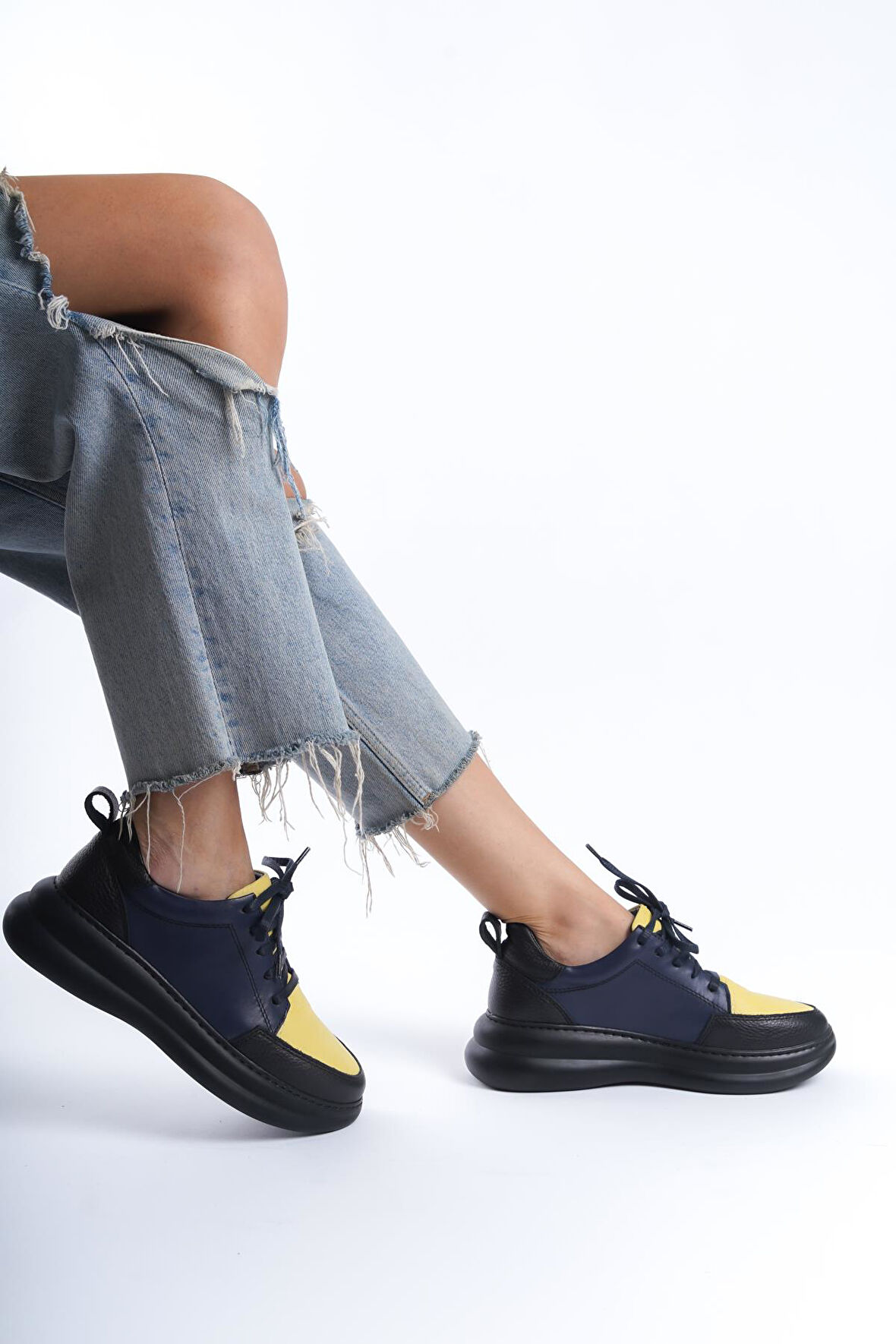 Kadın Hakiki Deri Çok Renkli Yüksek Taban Günlük Spor Ayakkabı Sneakers