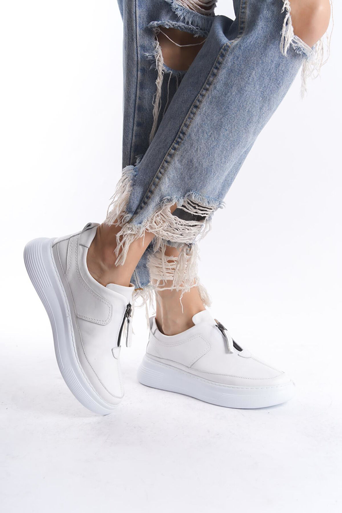 Kadın Hakiki Deri Kalın Taban Önden Fermuarlı Günlük Spor Ayakkabı Sneaker