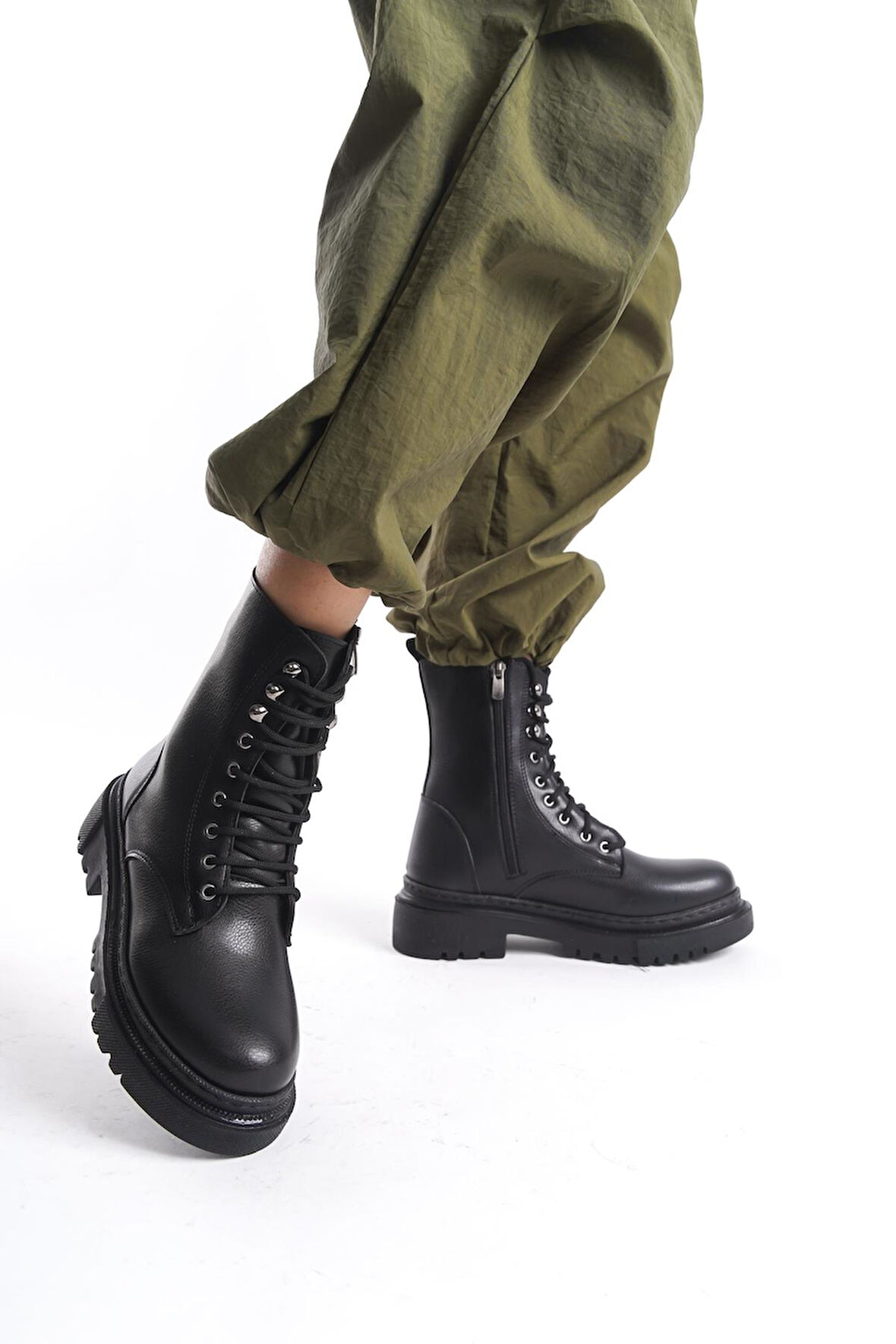 Kadın Kalın Tabanlı Günlük Postal Bot Bağcıklı Yuvarlak Burun Fermuarlı Bot