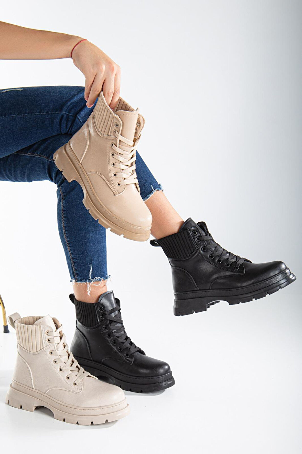 Kadın Kumaş Detaylı Günlük Bot Kalın Taban Tam Kalıp Tırtık Taban Bot