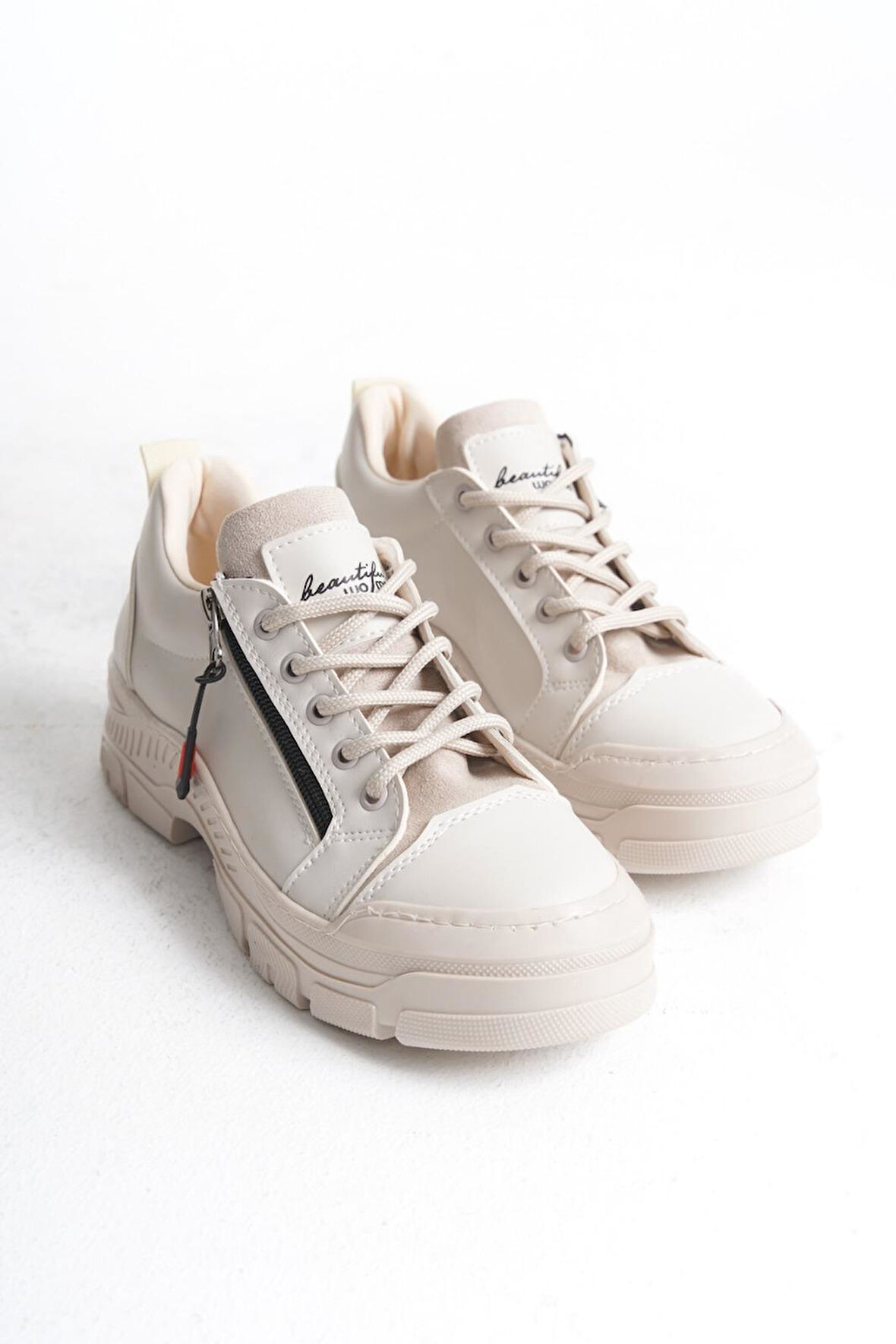 Kadın Bağcıklı Günlük Sneaker Dekoratif Fermuar Detaylı Yüksek Taban Spor Ayakkabı