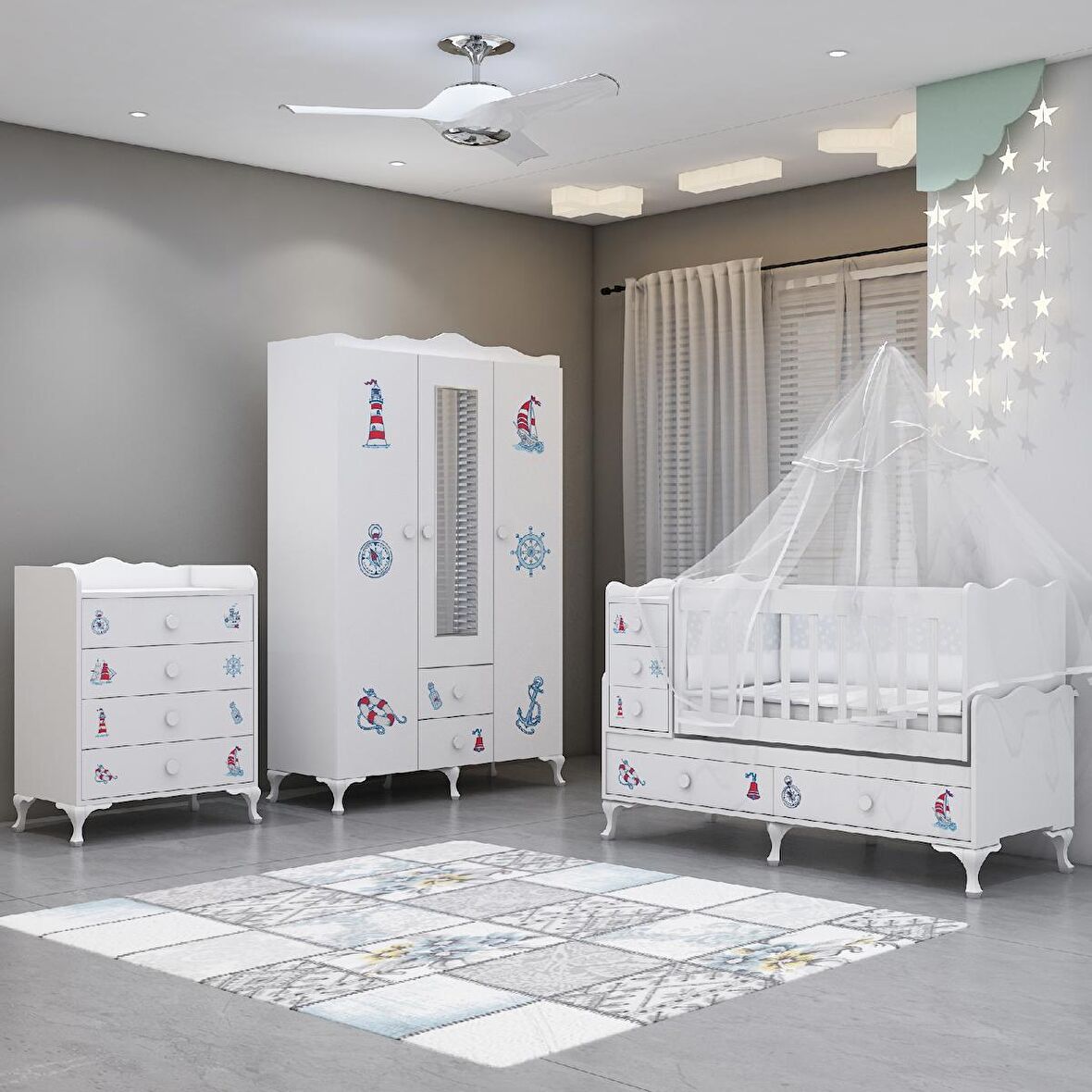 Garaj Home Alya Denizci Bebek Odası Takımı - Yatak ve Uyku Seti Kombinli-UYKU SETİ-BEYAZ