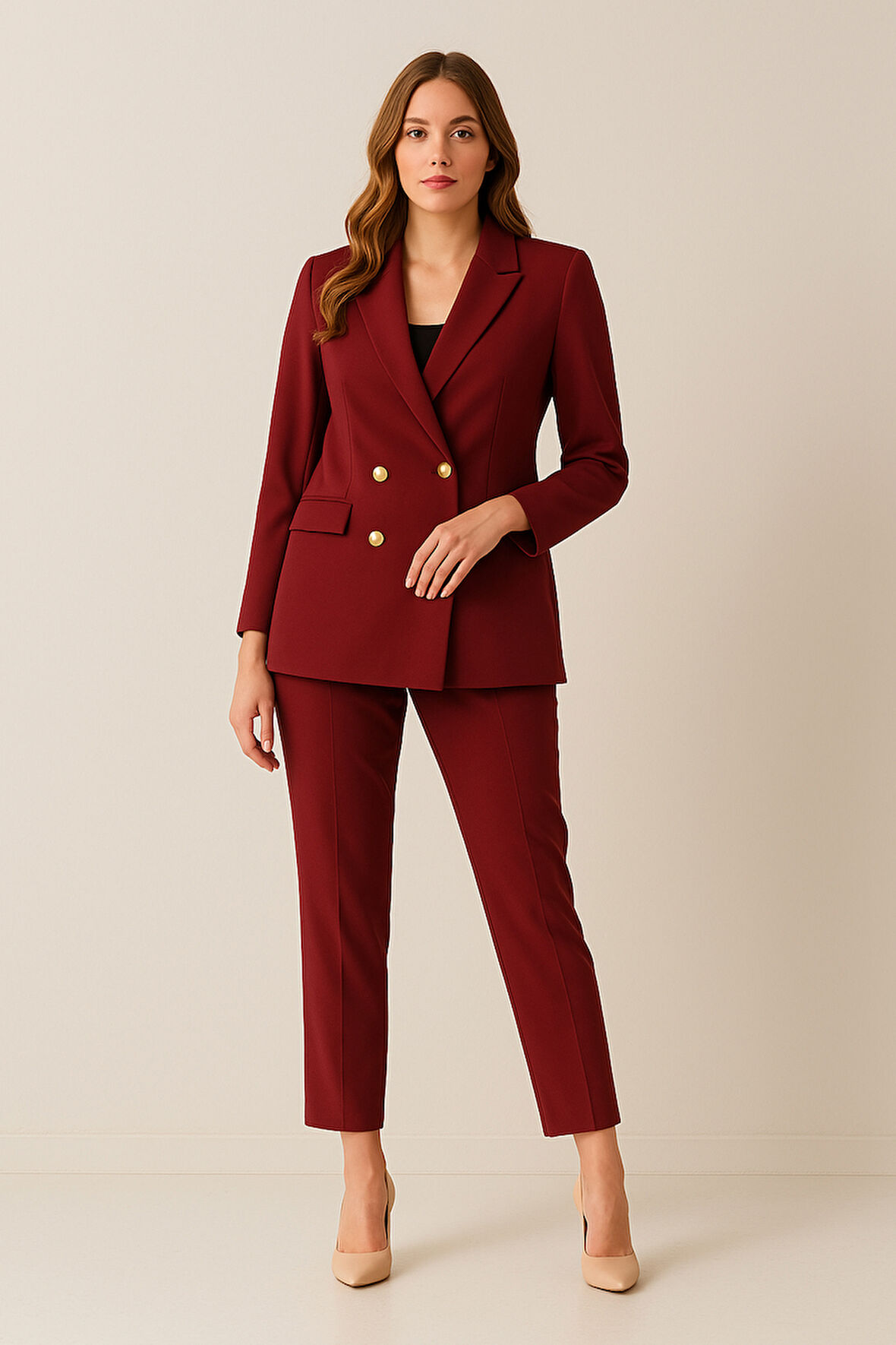 Bordo Kadın Dört Düğmeli Kruvaze Blazer Ceket & Pantolon Takım 0106305.04