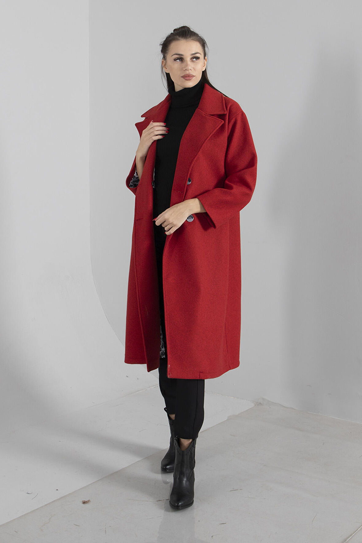 Kırmızı Önden Düğmeli Leopar Astarlı Oversize Örme Kaşe Kaban 0108068.08