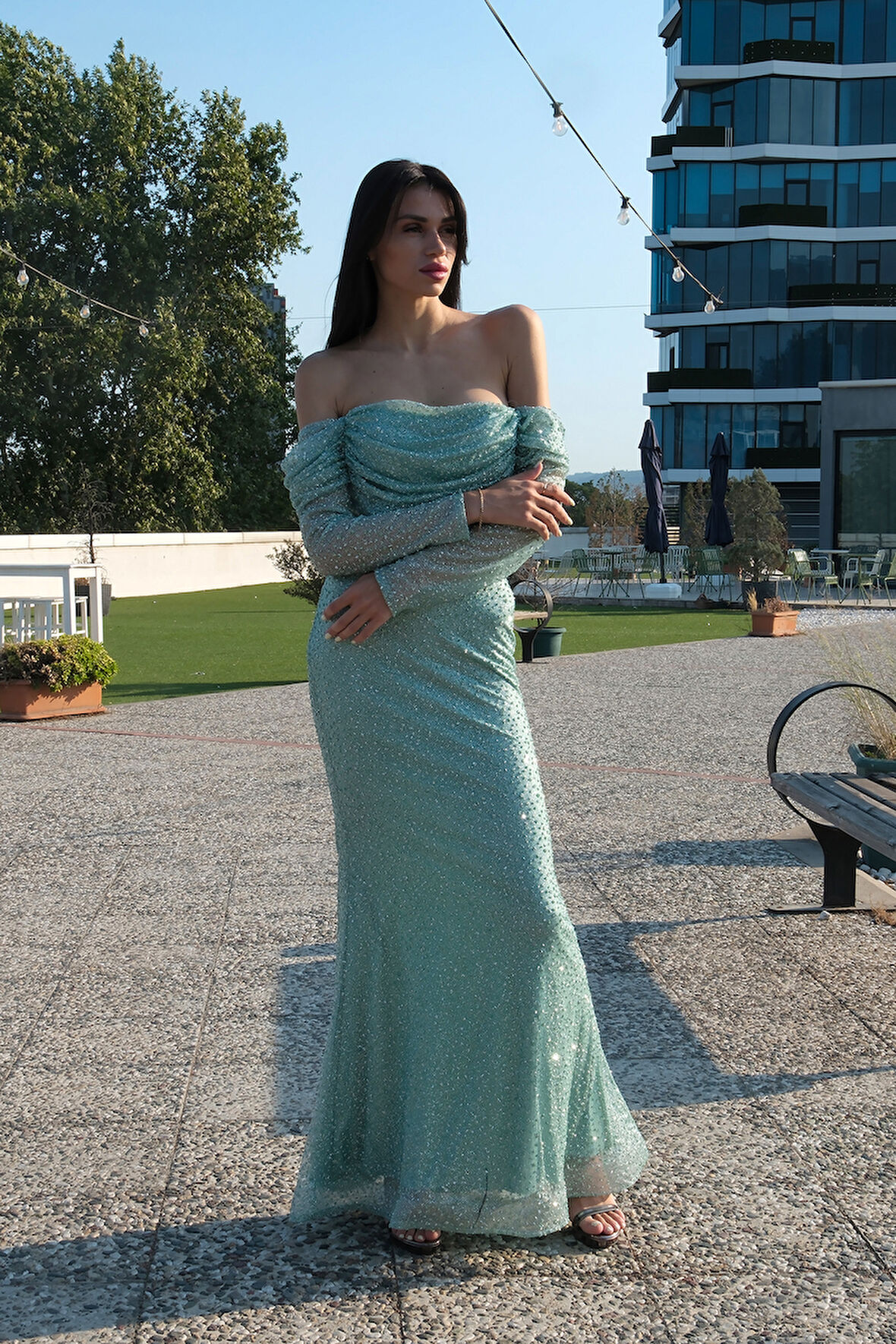 Mint Kayık Yaka Simli Uzun Kol Abiye 9705266.27