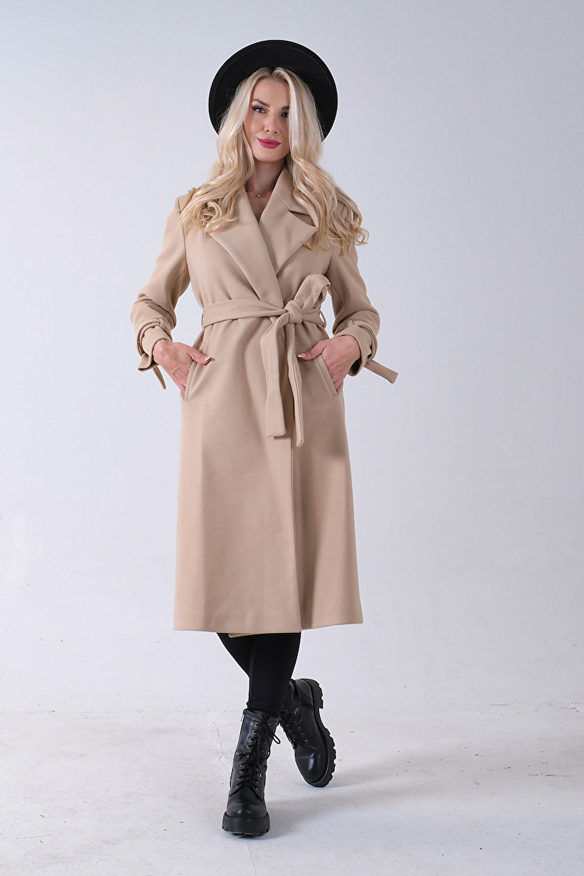 Bej Kol Bağlamalı Seyyar Kuşaklı Uzun Kaşe Kaban 41630051.55