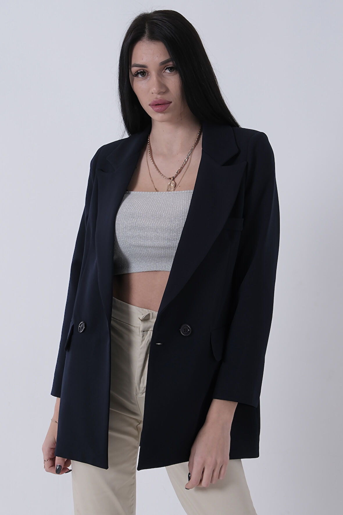 Lacivert Kruvaze 2 Düğmeli Flato Cep Detaylı Ceket 3971560.02