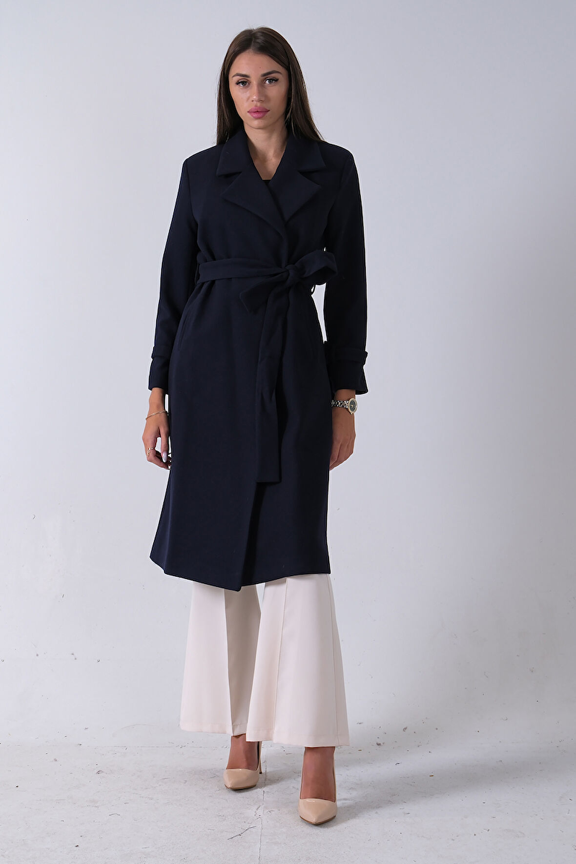 Lacivert Kol Bağlamalı Seyyar Kuşaklı Uzun Kaşe Kaban 41630051.02