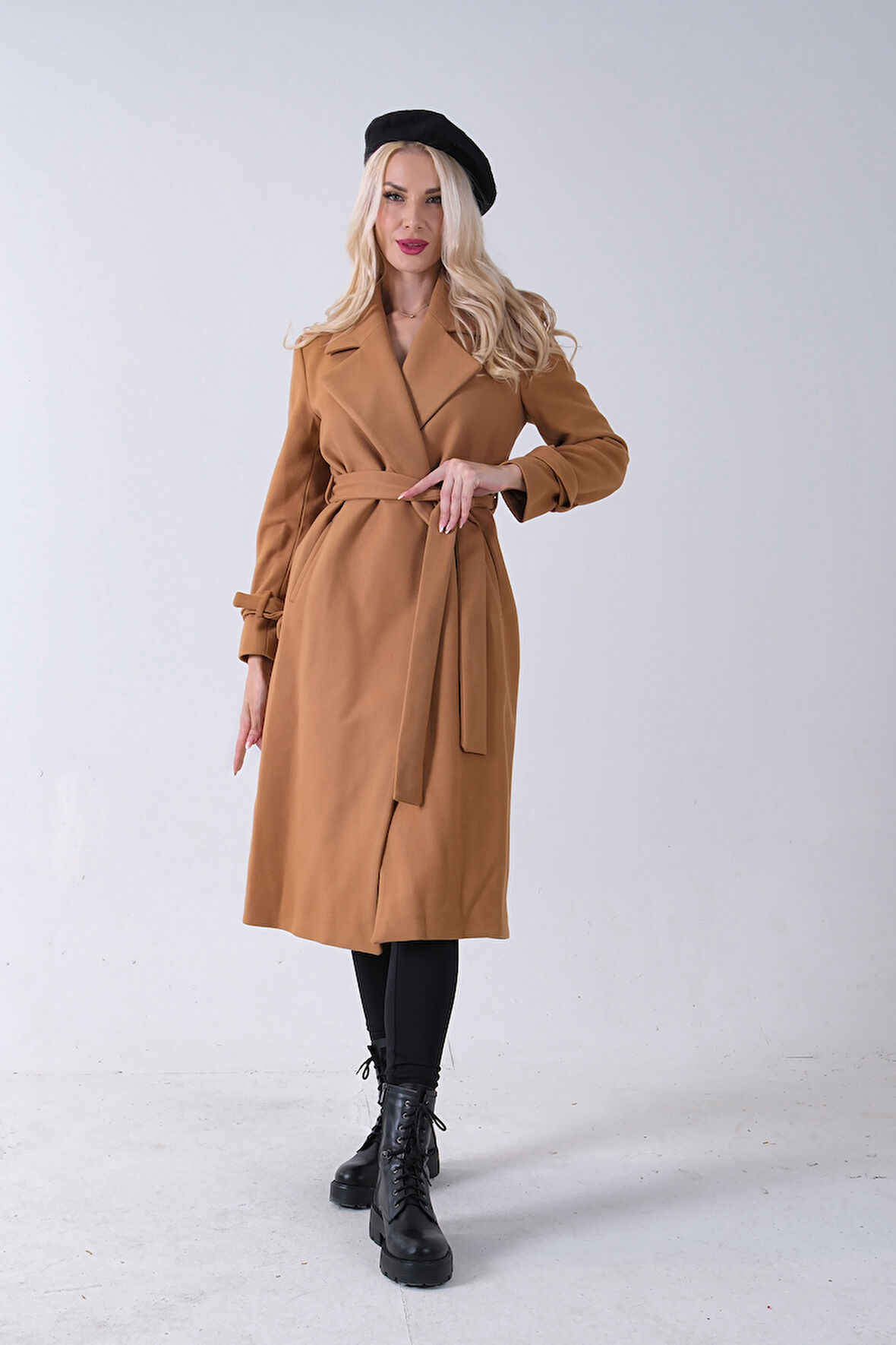 Camel Kol Bağlamalı Seyyar Kuşaklı Uzun Kaşe Kaban 41630051.09