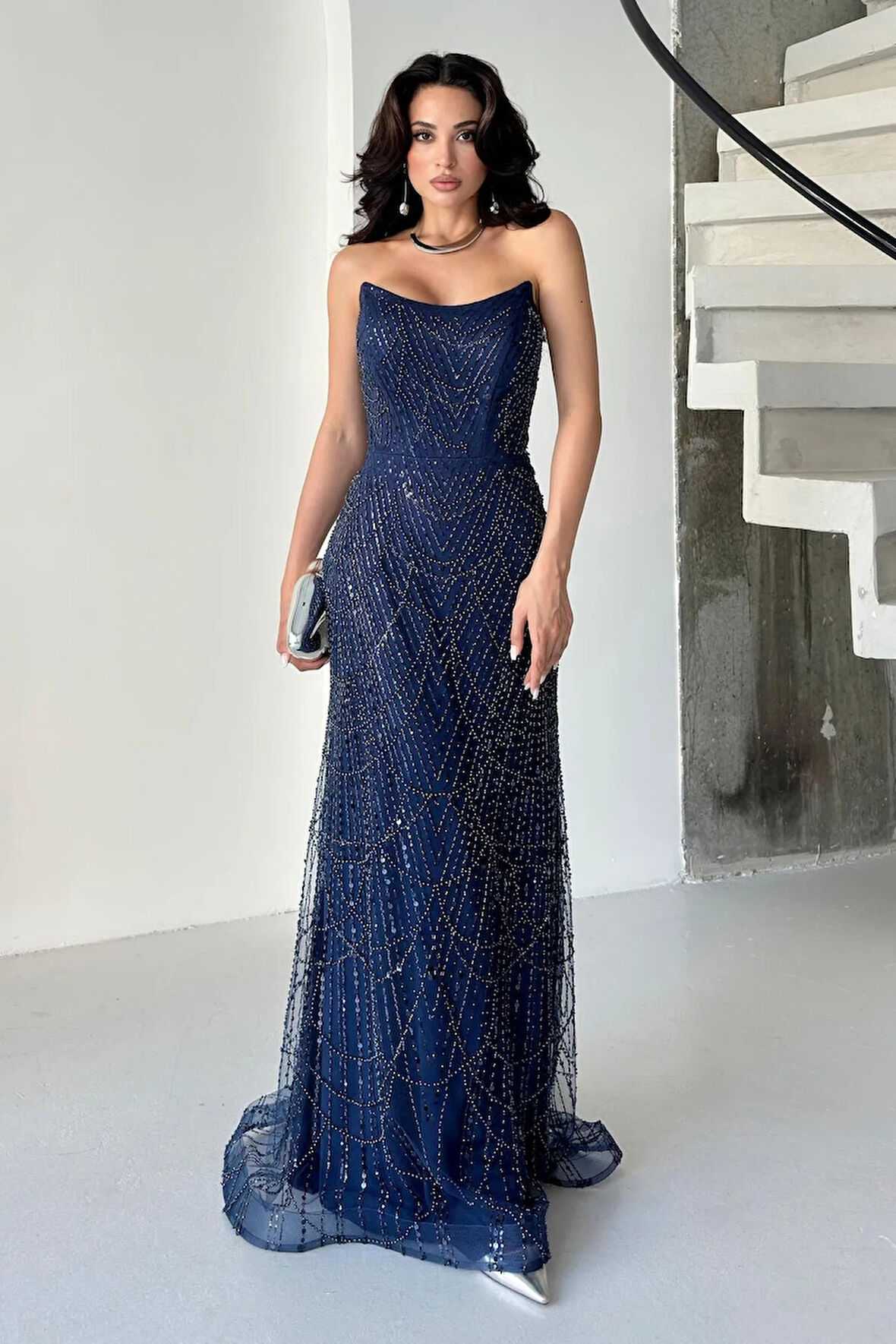 Lacivert Taş İşlemeli Uzun Balık Abiye 0801056.02