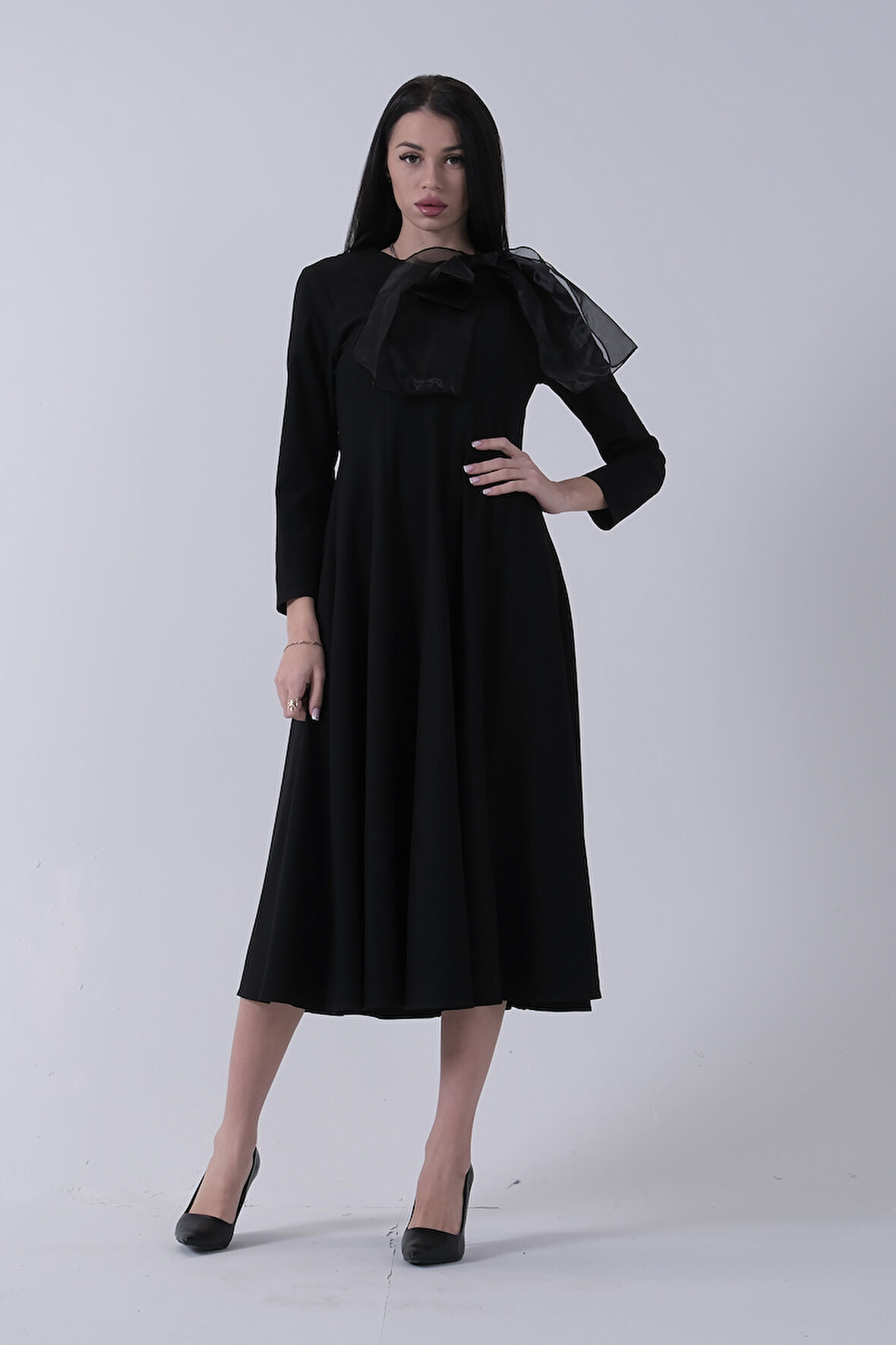 Siyah Omuz Organze Detaylı Kalem Elbise 3975472.01