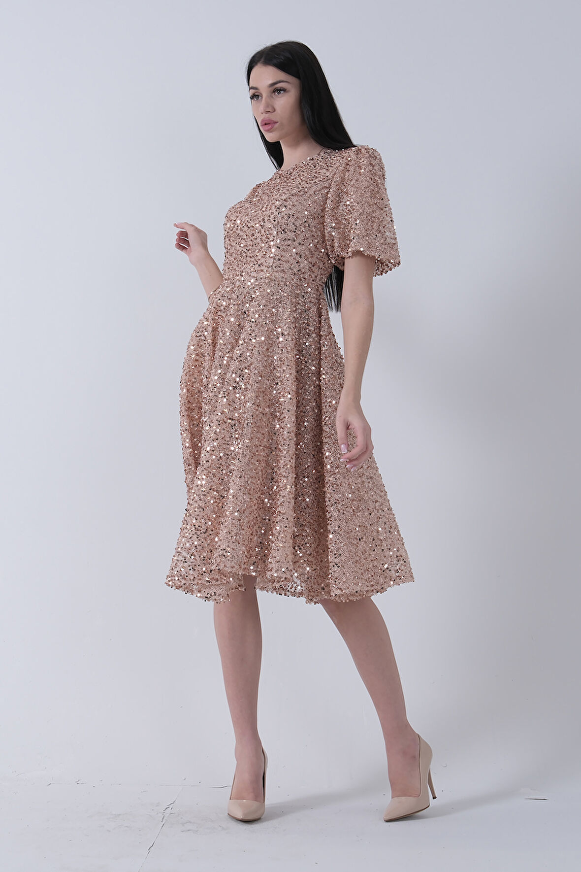 Gold Pul Payetli Midi Boy Kısakol Abiye 6502498.122