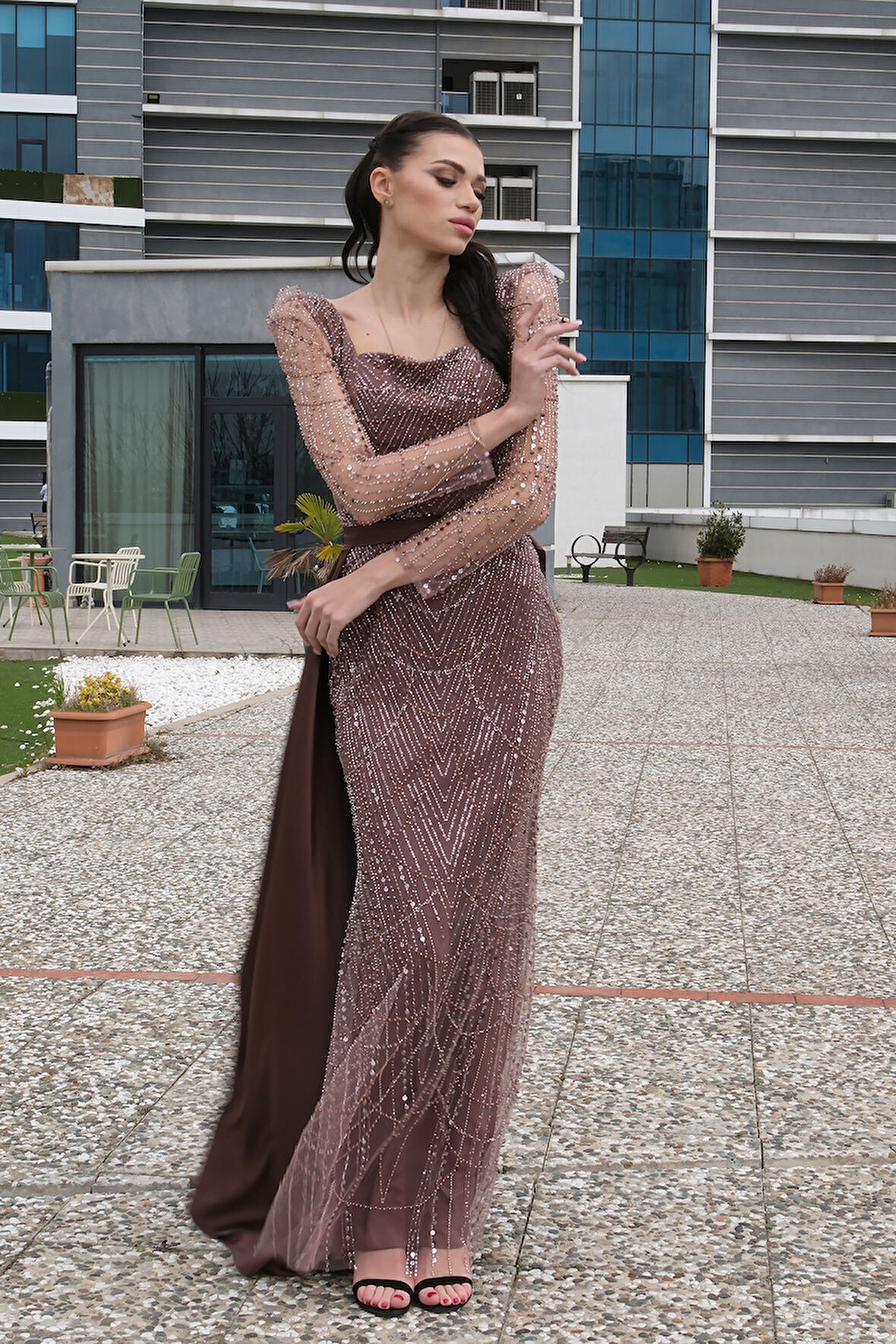 Bakır Boncuk İşlemeli Tül Kol Detaylı Uzun Abiye 9705463.231