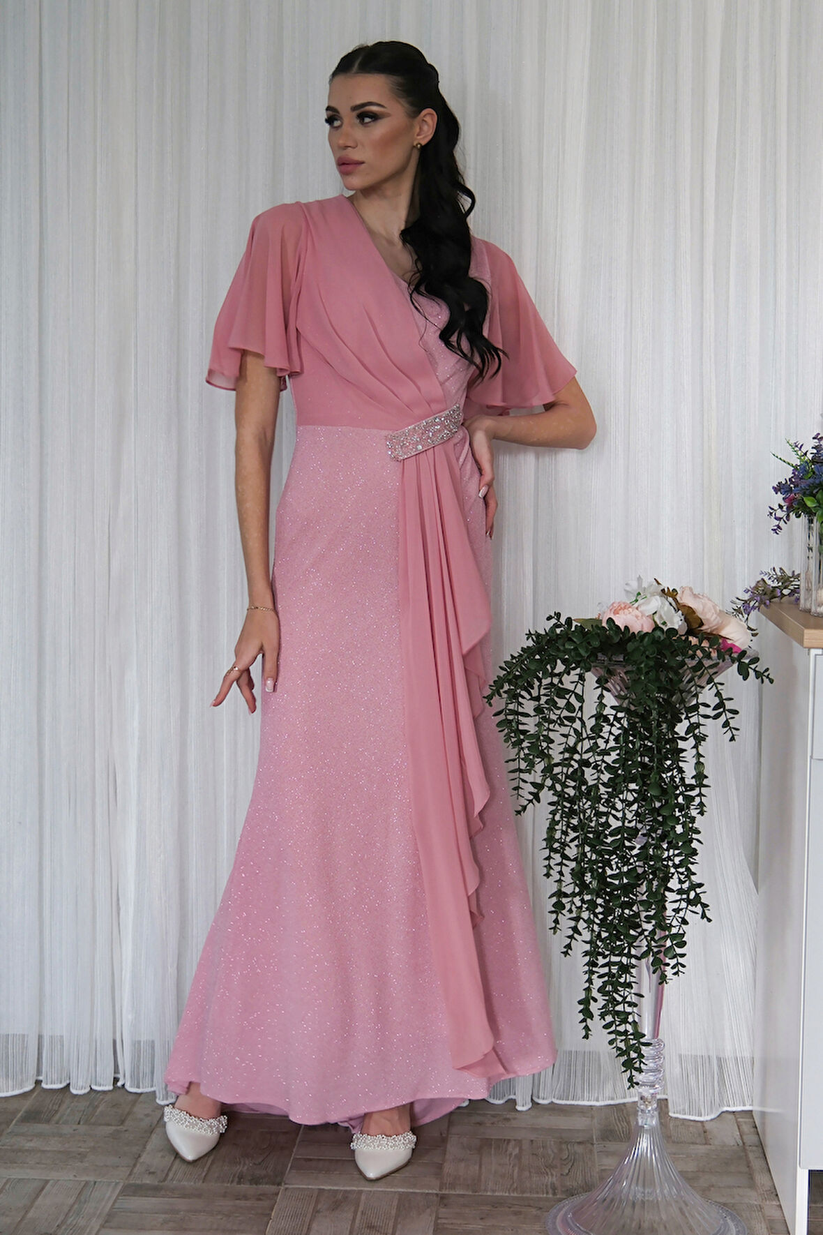 Pudra Beli Taş Detaylı Yarım Kol Tesettür Abiye 08061271.79