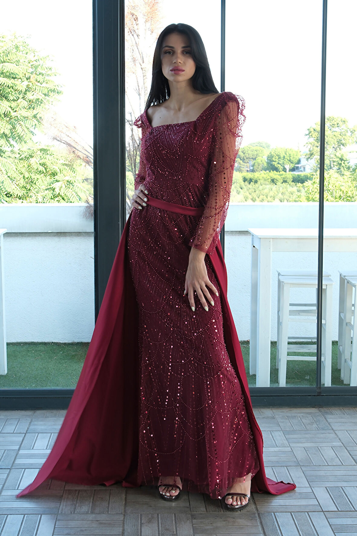 Bordo Boncuk İşlemeli Tül Kol Detaylı Uzun Abiye 9705463.04