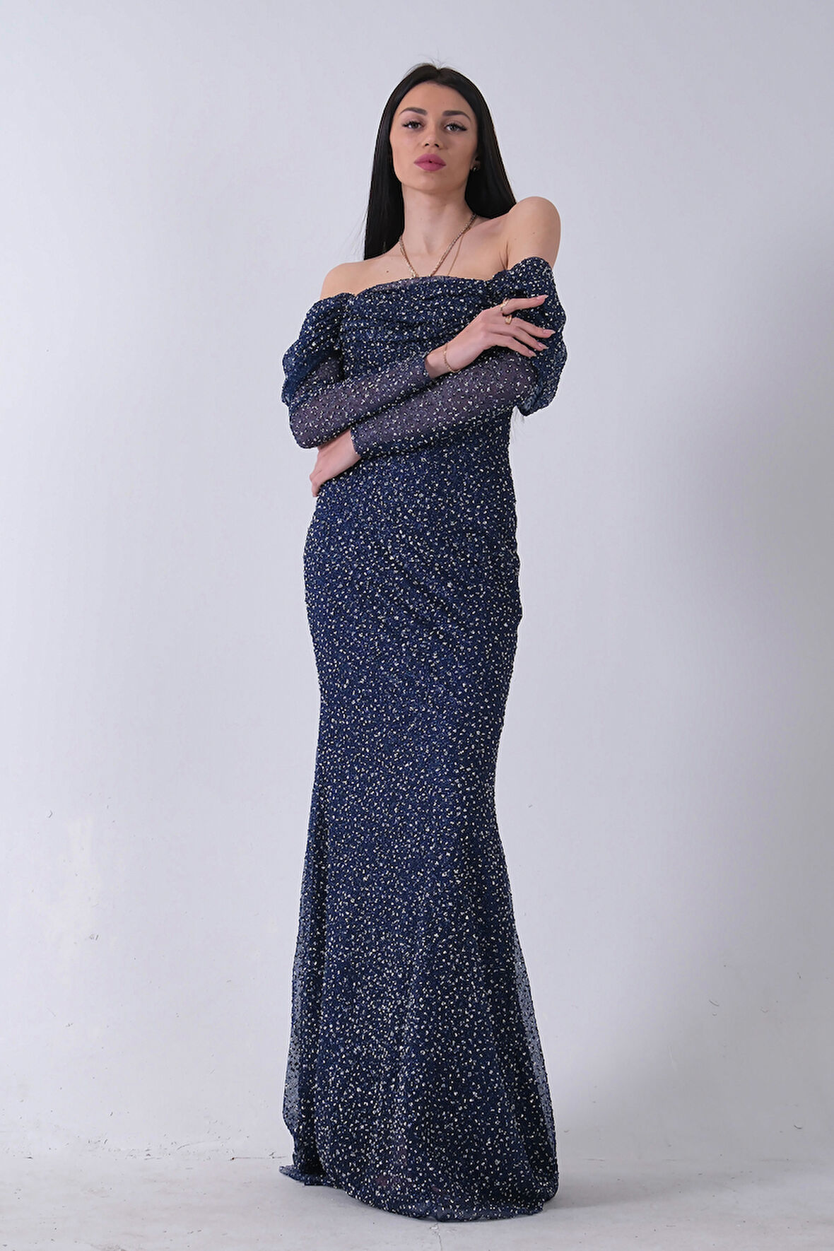 Lacivert Kayık Yaka Simli Uzun Kol Abiye 9705266.02